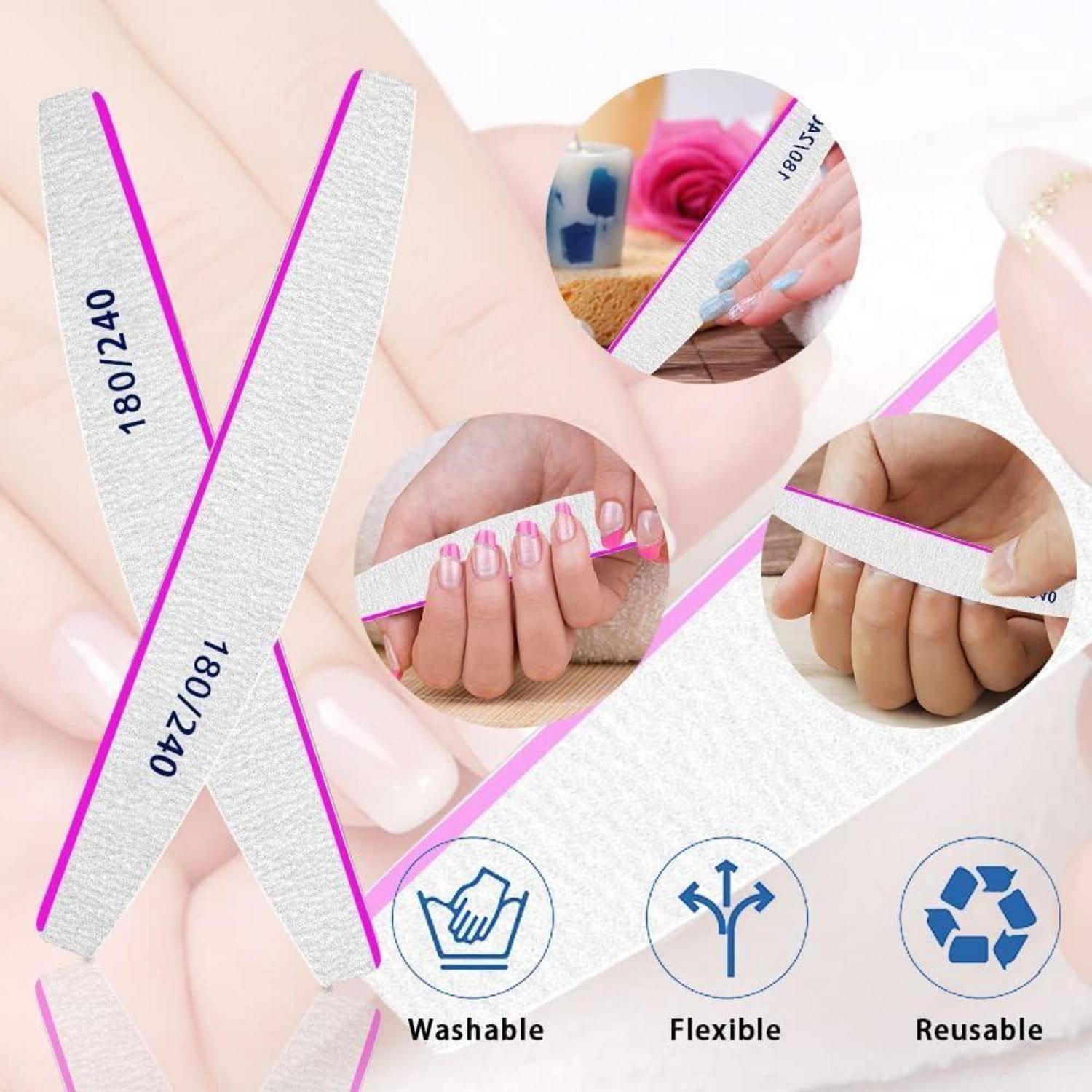 Hand hält eine weiße Nagelfeile mit Text '180/240'. Icons darunter zeigen Merkmale: 'Waschbar', 'Flexibel', 'Wiederverwendbar'.
