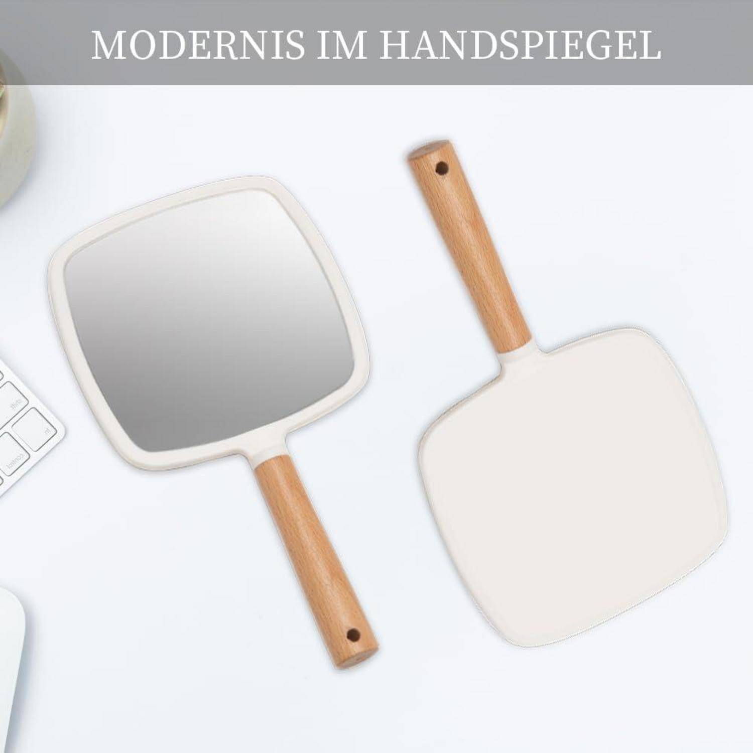 Handspiegel Holzgriff Make-up Rasieren tragbar quadratisch