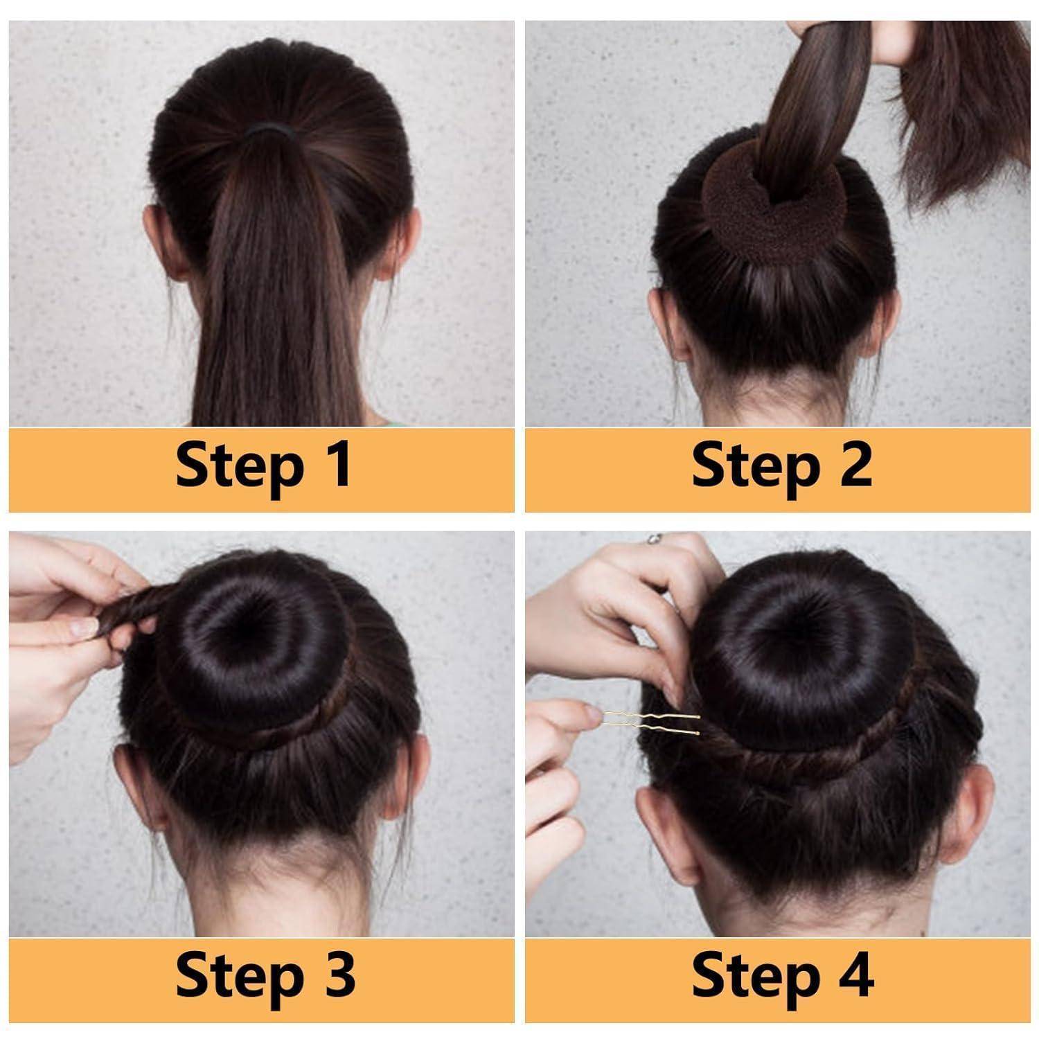 Vierschrittiges Tutorial zum Frisieren eines Dutt: Haare zu einem Pferdeschwanz zusammenbinden, einen Haardonut platzieren, Haare darum wickeln und mit Haarnadeln befestigen.