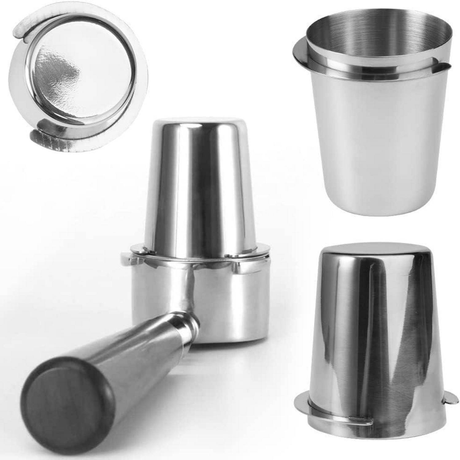 Edelstahl-Espresso-Stampfer-Set mit Komponenten einschließlich einer Tamper-Basis, Abklopfbox und Portafilter-Halterung, auf weißem Hintergrund.