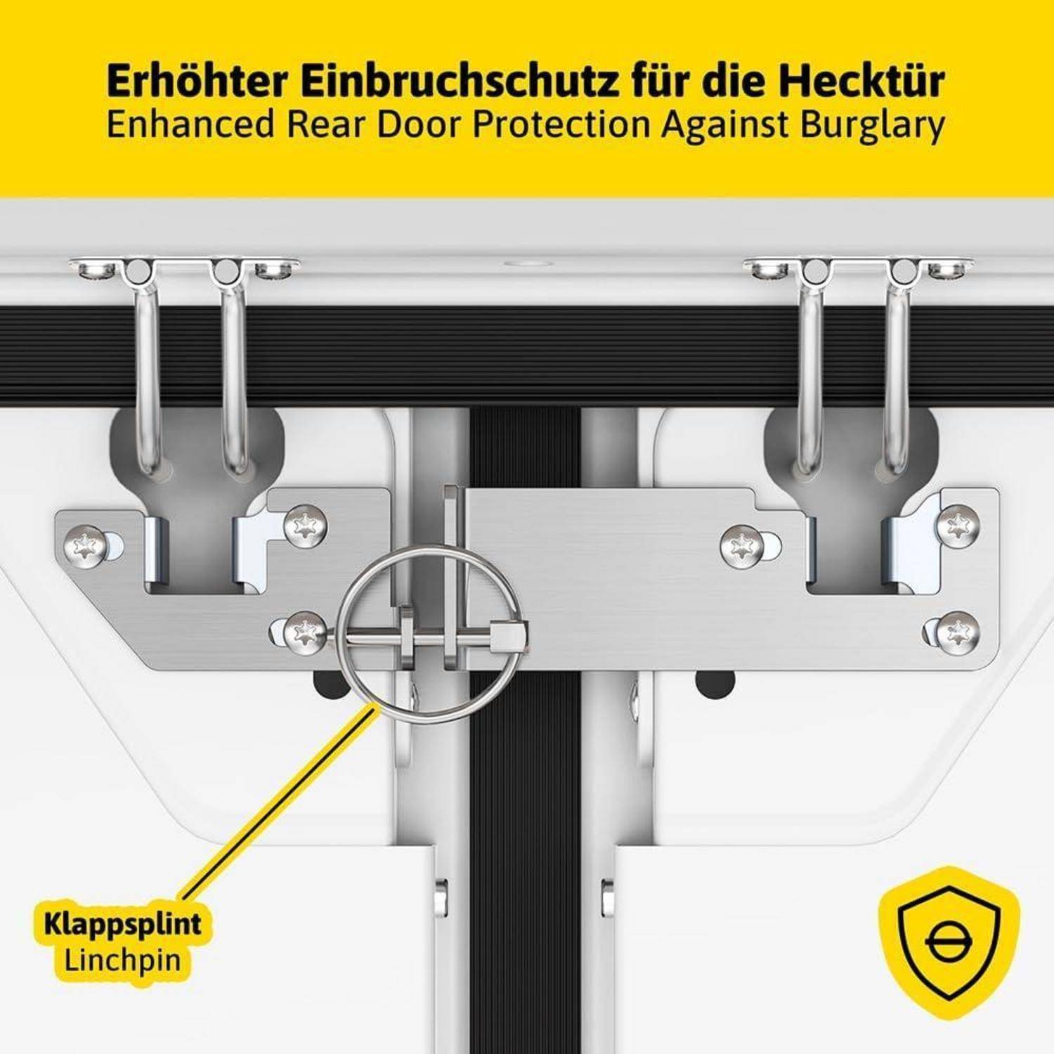 Diagramm, das einen Sicherheitsmechanismus für einen verbesserten Schutz der Hintertür gegen Einbruch zeigt. Die Beschriftung hebt eine Bolzensicherung als Merkmal hervor.
