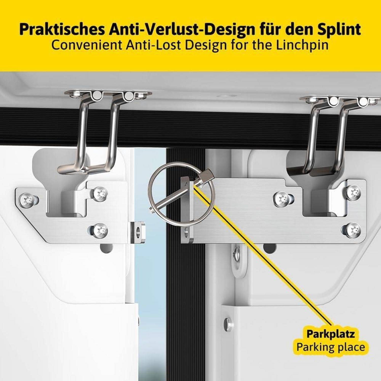 Praktisches Anti-Verlust-Design für den Sicherungsbolzen, der an einem Metallhalter mit eingesetztem Sicherungsbolzen gezeigt wird, beschriftet mit 'Parkplatz'.