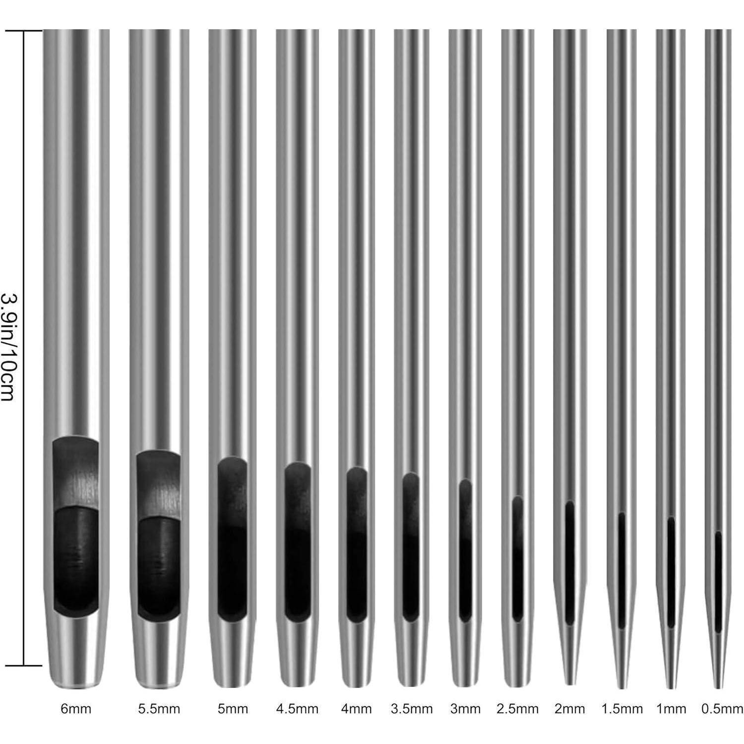 Ein Satz von 14 Hohlstanzwerkzeugen in Größen von 6 mm bis 0,5 mm, in absteigender Reihenfolge ausgerichtet, die zum Erstellen präziser Löcher verwendet werden.