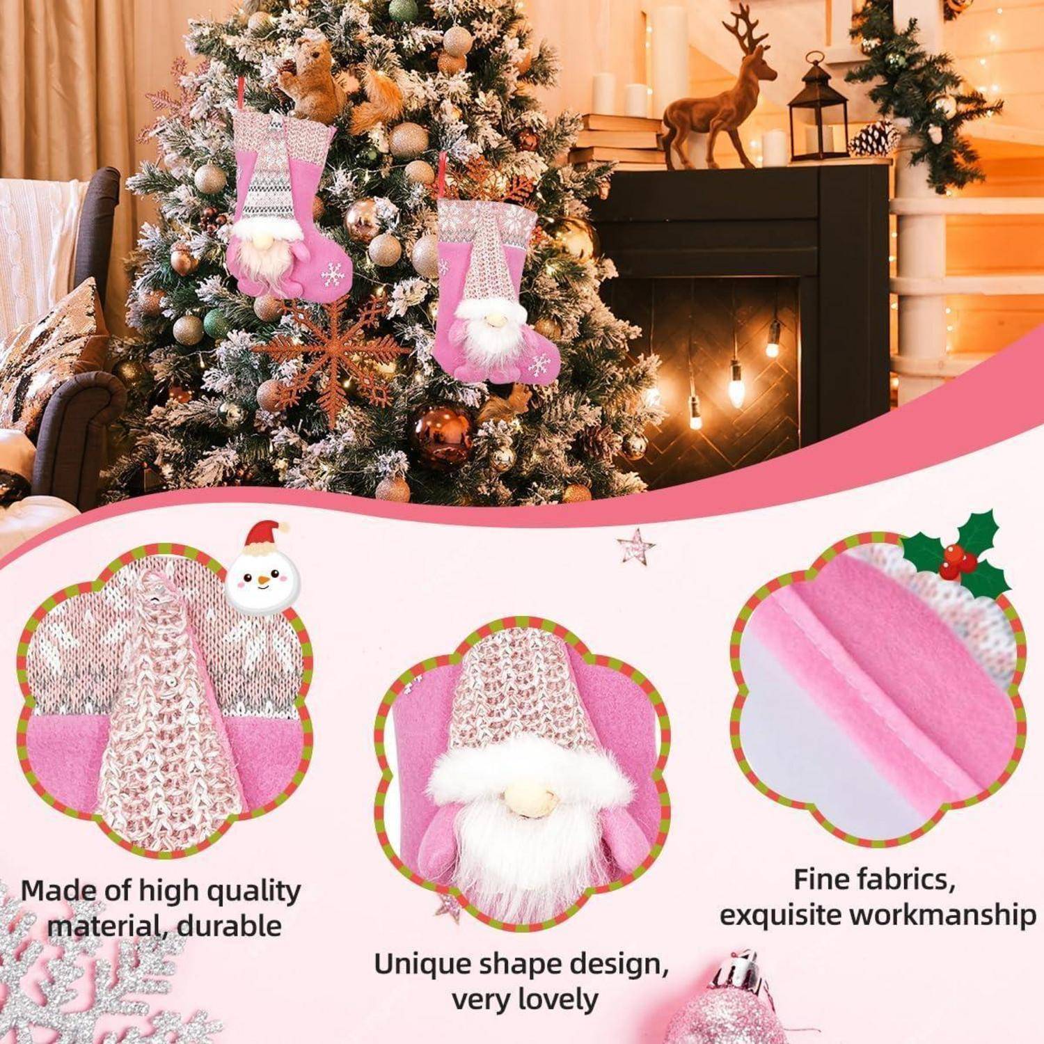 Ein Weihnachtsbaum mit rosa Gnomen-Ornamenten steht neben einem Kamin. Einschübe zeigen Ornament-Details: hochwertige Materialien, einzigartige Form, feine Stoffe.