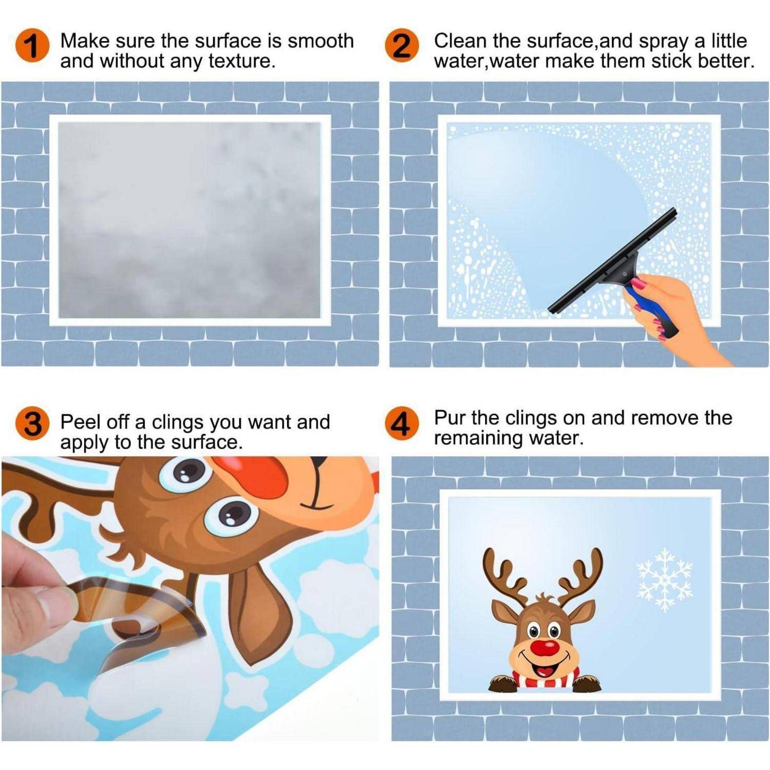 Vierstufige Anleitung zum Anbringen von Fensterstickern: 1. Oberfläche auf Glätte prüfen. 2. Reinigen und mit Wasser besprühen. 3. Sticker abziehen. 4. Anbringen und überschüssiges Wasser entfernen.