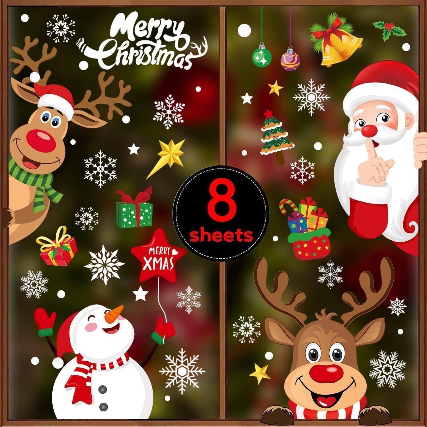 Weihnachtliches Design mit Weihnachtsmann, Rentier, Schneemann, Geschenken und Christbaumkugeln. Text: '8 Blätter'. Festliche weihnachtliche Illustration.