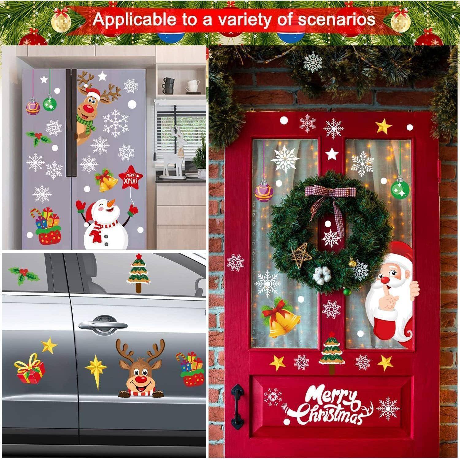 Festliche Weihnachtsdekale auf einem Kühlschrank, Auto und einer Tür mit Schneemännern, Rentieren, Santa, Geschenken und Schneeflocken mit dem Text 