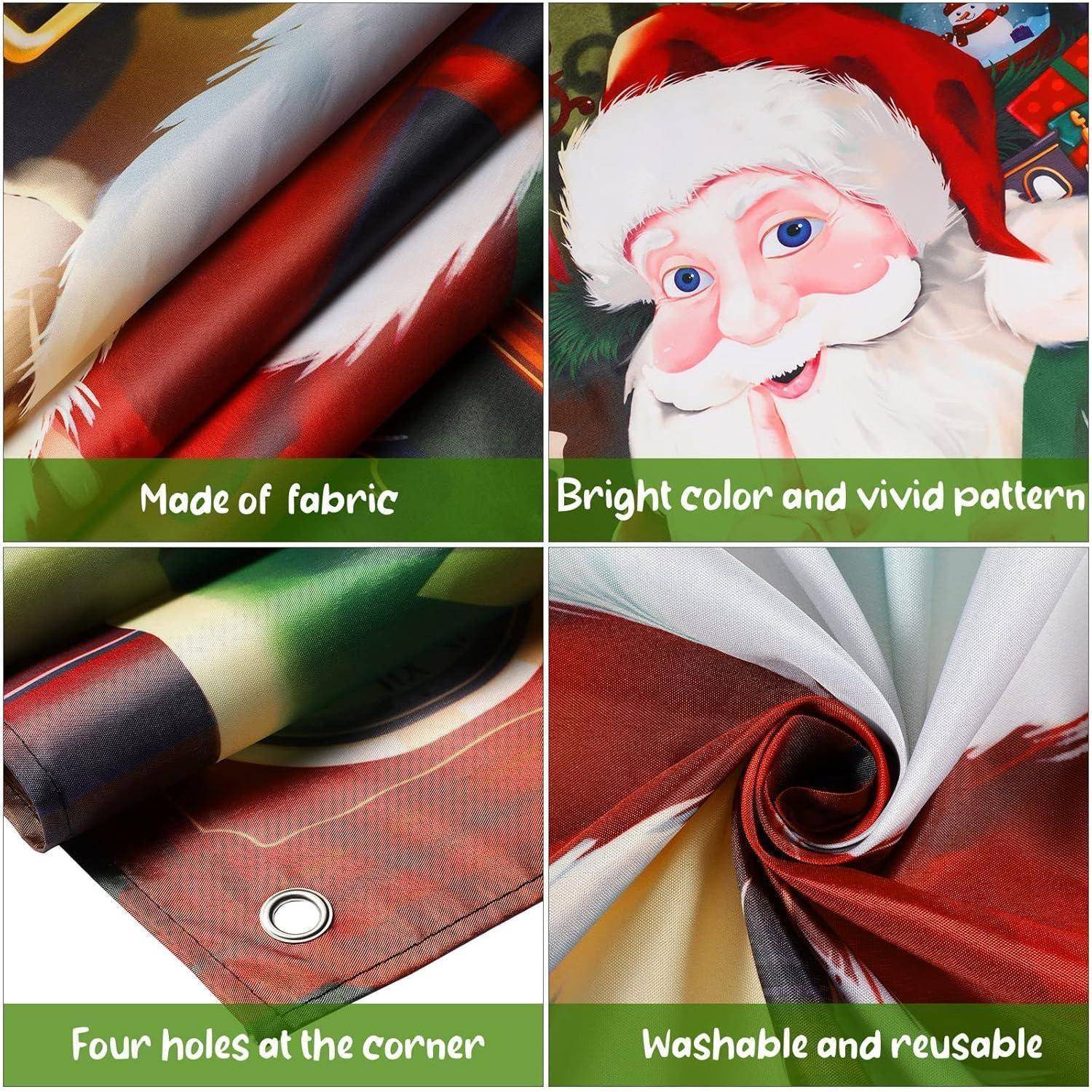 Banner mit Weihnachtsmann-Motiv in leuchtenden Farben und lebhaften Mustern, aus Stoff gefertigt, mit vier Ecköffnungen, waschbar und wiederverwendbar.