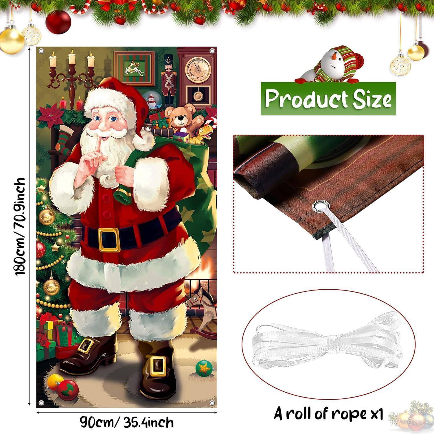Weihnachtliches Banner mit Weihnachtsmann in einem festlich geschmückten Wohnzimmer mit Geschenken, Dekorationen und einem Kamin. Größe: 180 cm x 90 cm. Enthält eine Rolle Seil zum Aufhängen.