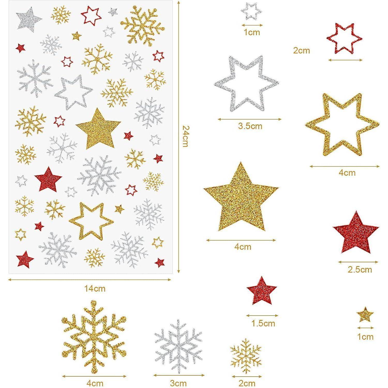 Blatt mit Urlaubs-Stern- und Schneeflocken-Stickern in Gold, Rot und Silber, in verschiedenen Größen von 1 cm bis 4 cm, auf weißem Hintergrund.