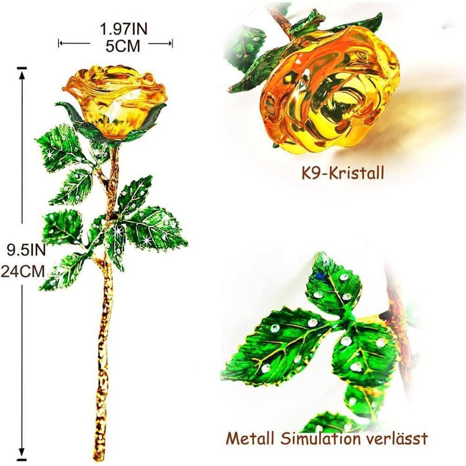 Eine Kristallrose mit Dornen und grünen Blättern, misst 9,5 Zoll. Beschriftet mit 'K9-Kristall' und 'Metall Simulation verlässt'.