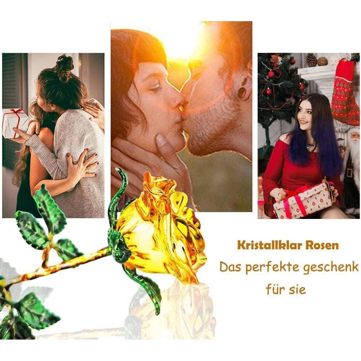 Drei Bilder zeigen liebevolle Momente und Geschenkübergaben. Eine goldene Rose ist zu sehen mit dem Text 'Kristallklar Rosen: Das perfekte Geschenk für sie'.