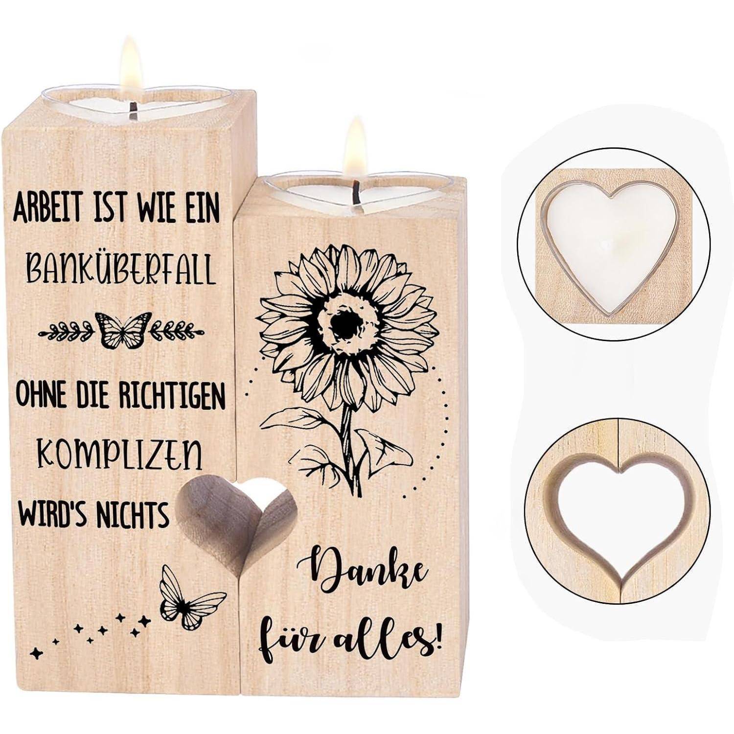 Holzkerzenhalter mit zwei Kerzen, Sonnenblume, Schmetterlings-Design, deutscher Text über Arbeit und Dankbarkeit, mit abnehmbarem Herz.