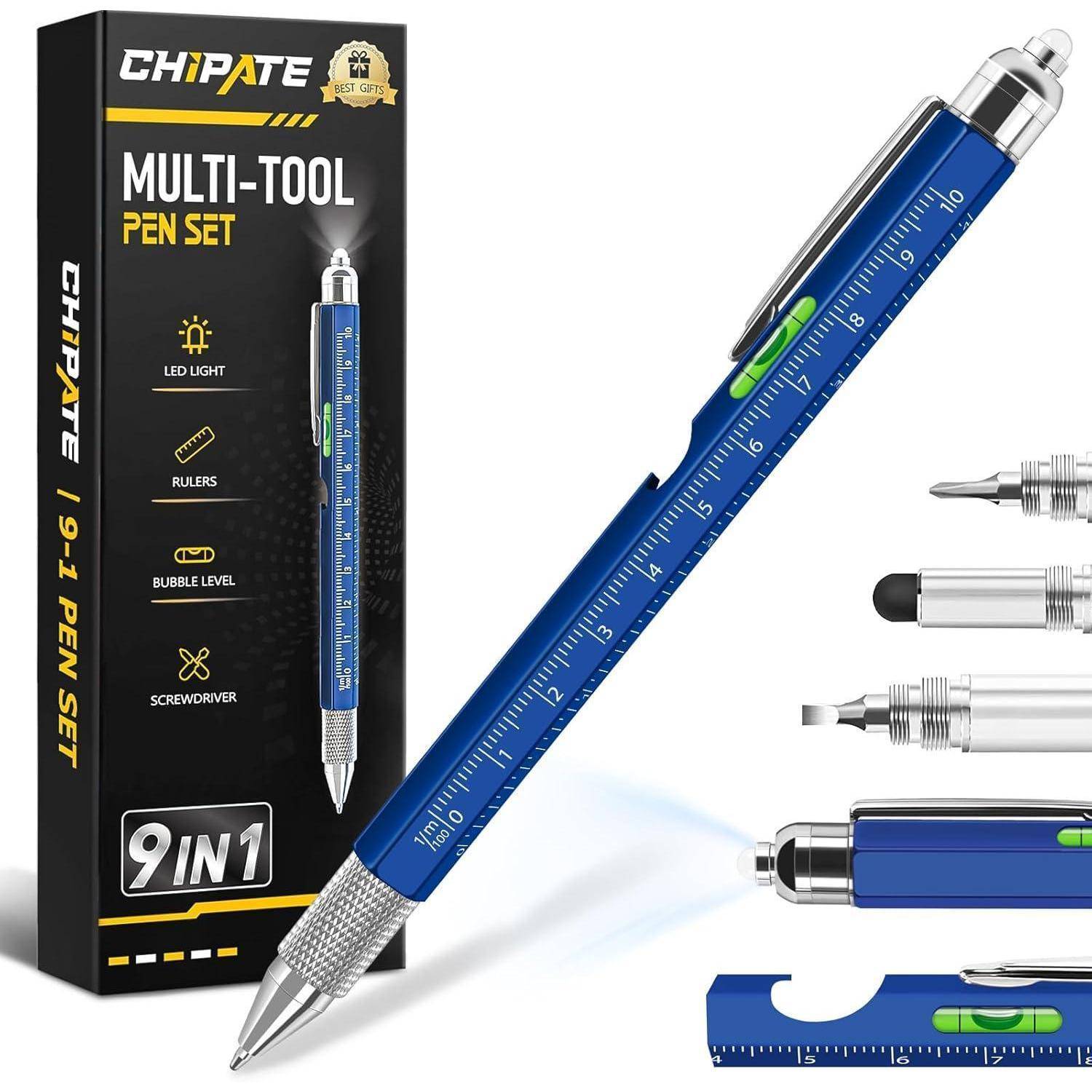 CHIPATE Multifunktionales Stift-Set' mit Werkzeugen: LED-Licht, Lineal, Schraubendreher, 9-in-1-Design. Blauer Stift mit Messskala dargestellt.
