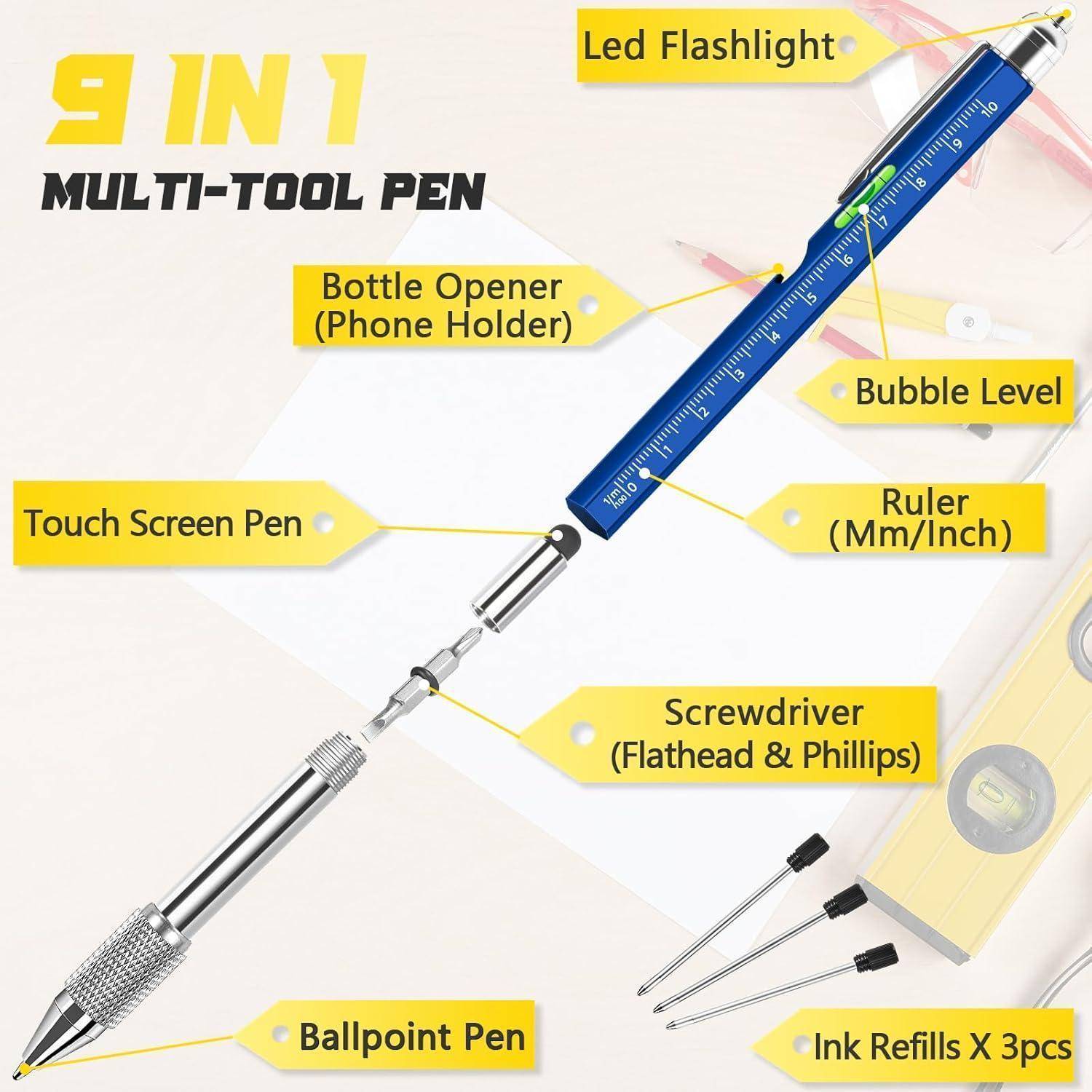 Ein Multifunktions-Stift mit der Bezeichnung '9 in 1', der eine LED-Taschenlampe, einen Flaschenöffner, eine Wasserwaage, einen Touchscreen-Eingabestift, einen Lineal, einen Schraubendreher, einen Kugelschreiber und Nachfüllminen umfasst.