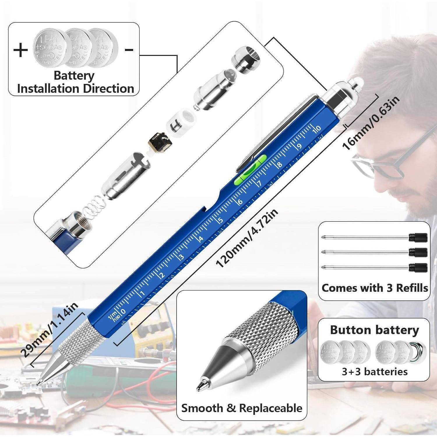 Multifunktionaler blauer Kugelschreiber mit Lineal, Schraubendreher-Aufsätzen und Stylus-Spitze. Inklusive drei Nachfüllminen und Knopfbatterien, wie im beschrifteten Diagramm dargestellt.