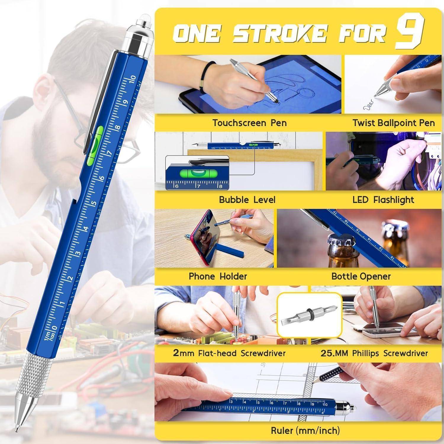 Multifunktionaler Stift mit 9 Funktionen: Touchscreen-Stift, Kugelschreiber, Wasserwaage, Taschenlampe, Handyhalter, Flaschenöffner, Schraubendreher, Lineal.