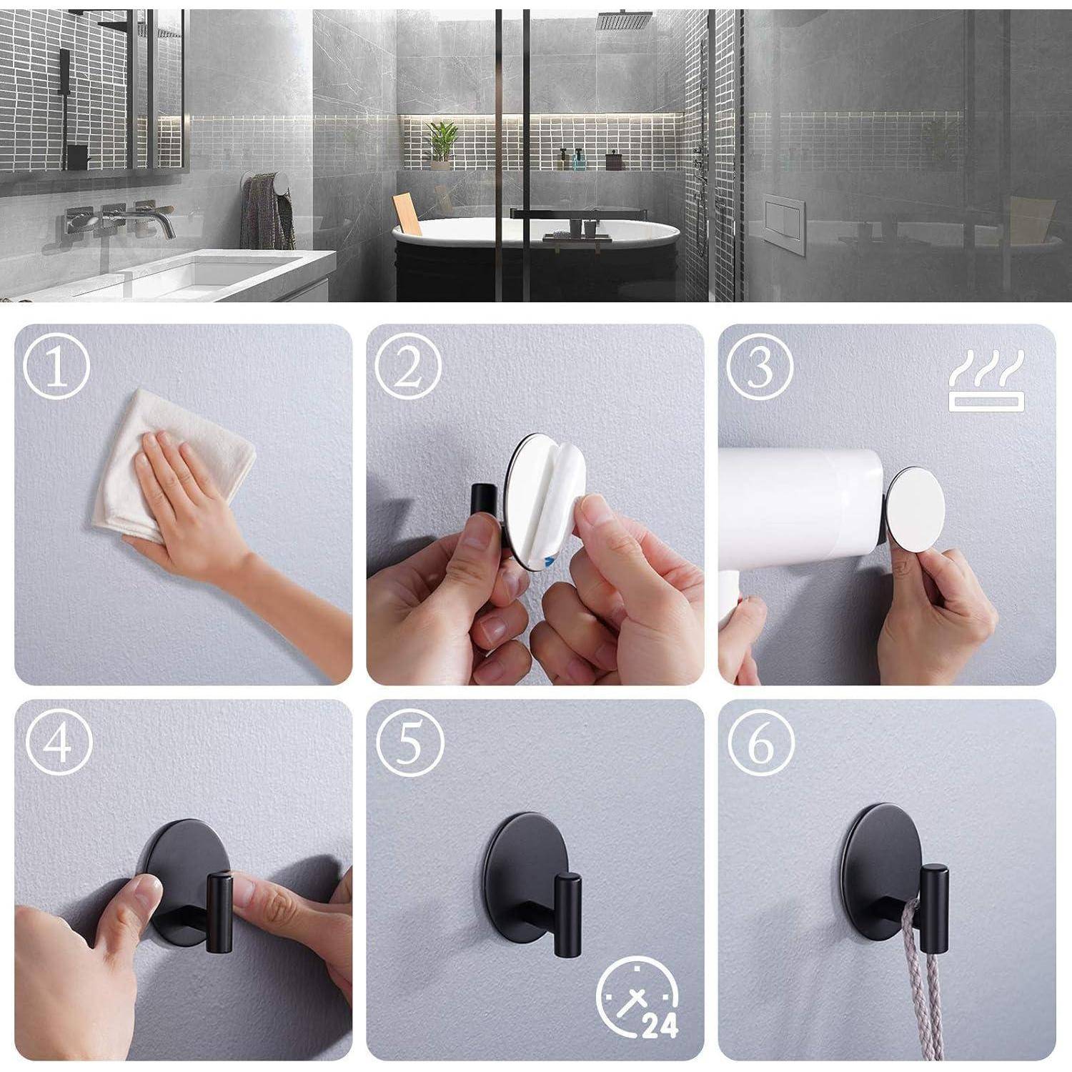 Schritt-für-Schritt-Anleitung zum Anbringen eines Hakens: 1) Wand reinigen. 2) Schutzfolie abziehen. 3) Haken platzieren. 4) Fest andrücken. 5) Aushärten lassen. 6) Gegenstände aufhängen.