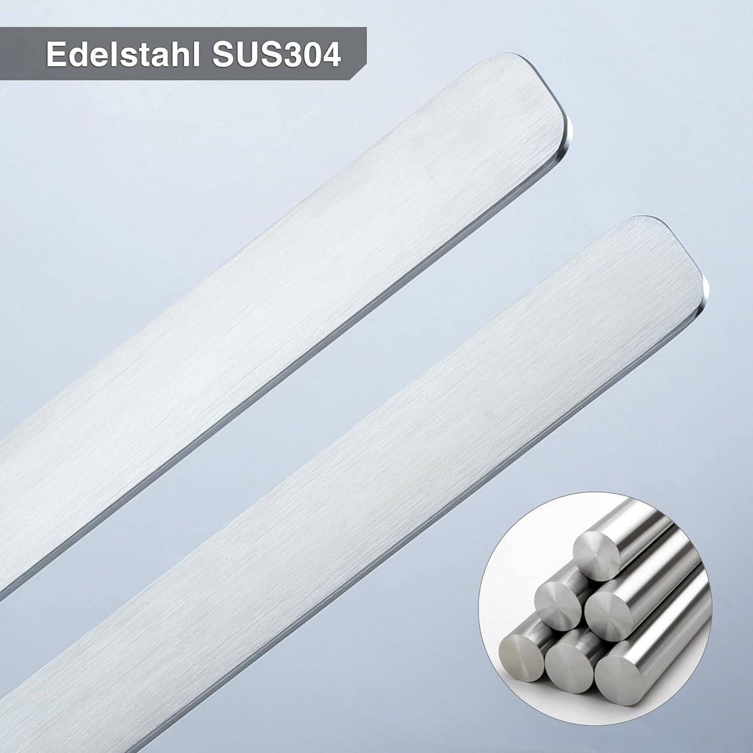 Zwei Edelstahlstangen, mit der Bezeichnung 'Edelstahl SUS304', mit einem kreisförmigen Einsatz, der mehrere zylindrische Stäbe zeigt und auf den Materialtyp hinweist.