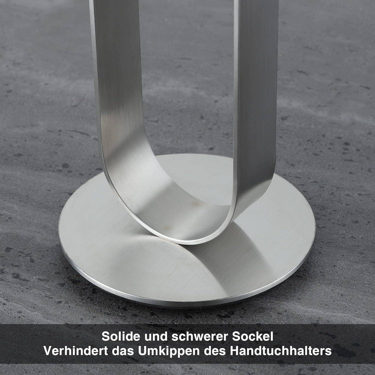Ein metallischer Sockel eines Handtuchhalters mit einem einfachen, eleganten Design auf einer grauen Oberfläche. Bildunterschrift: 'Solide und schwerer Sockel Verhindert das Umkippen des Handtuchhalters.