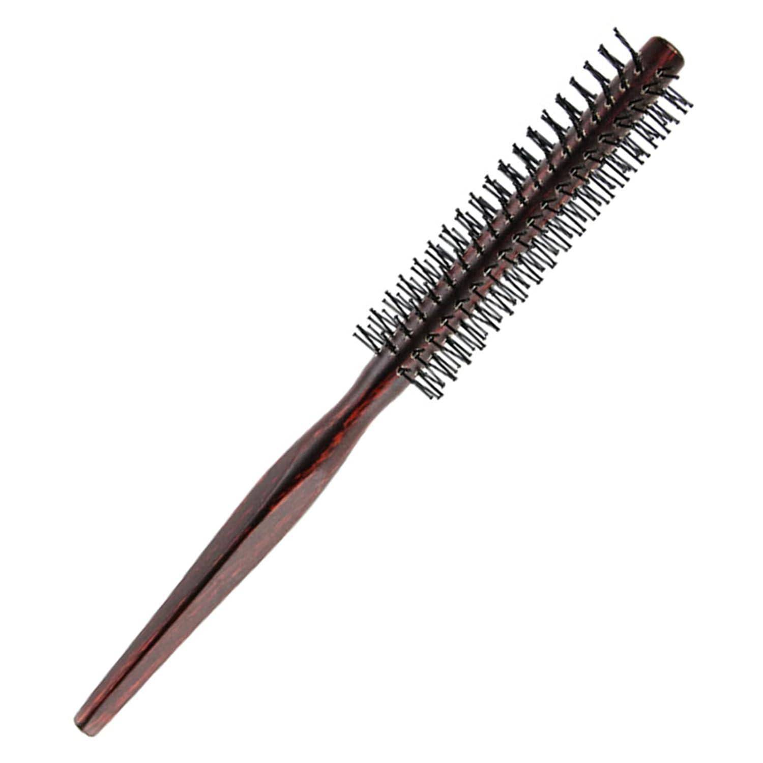 Ein dunkelbrauner runder Haarbursch mit schwarzen Borsten, geeignet zum Styling oder Locken der Haare.