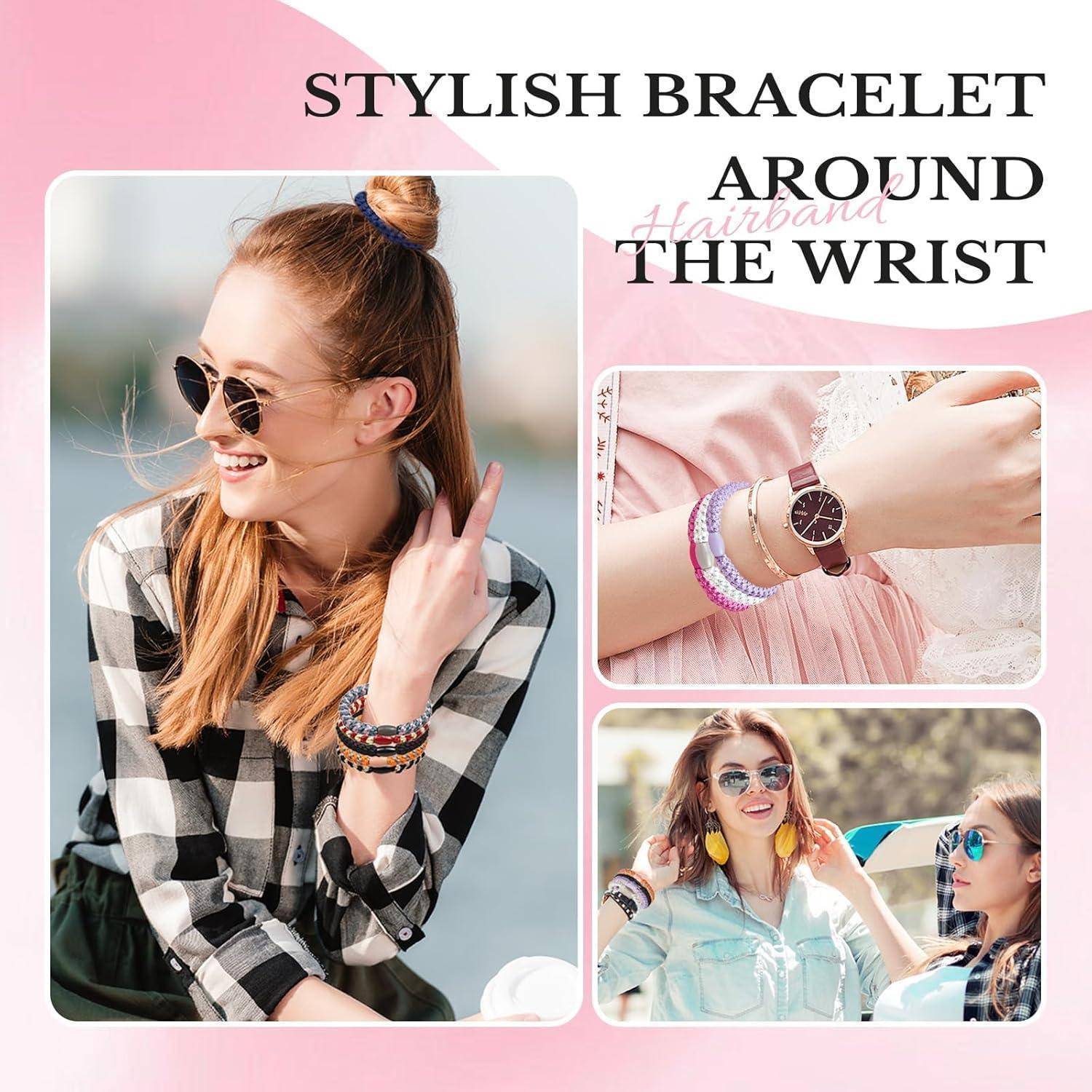 Eine Frau mit Sonnenbrille und kariertem Hemd präsentiert Armbänder. Darunter lächeln zwei Frauen mit Sonnenbrillen und zeigen Armbänder an ihren Handgelenken.