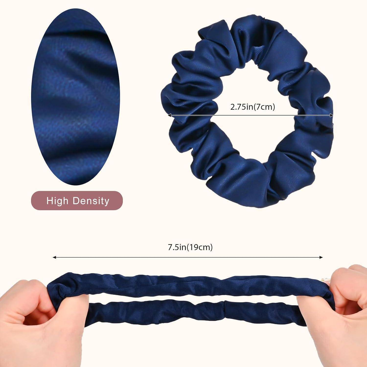 Marineblauer Scrunchie in den Größen: Durchmesser 2,75 Zoll (7 cm), Umfang 7,5 Zoll (19 cm). Hergestellt aus hochdichtem Material.