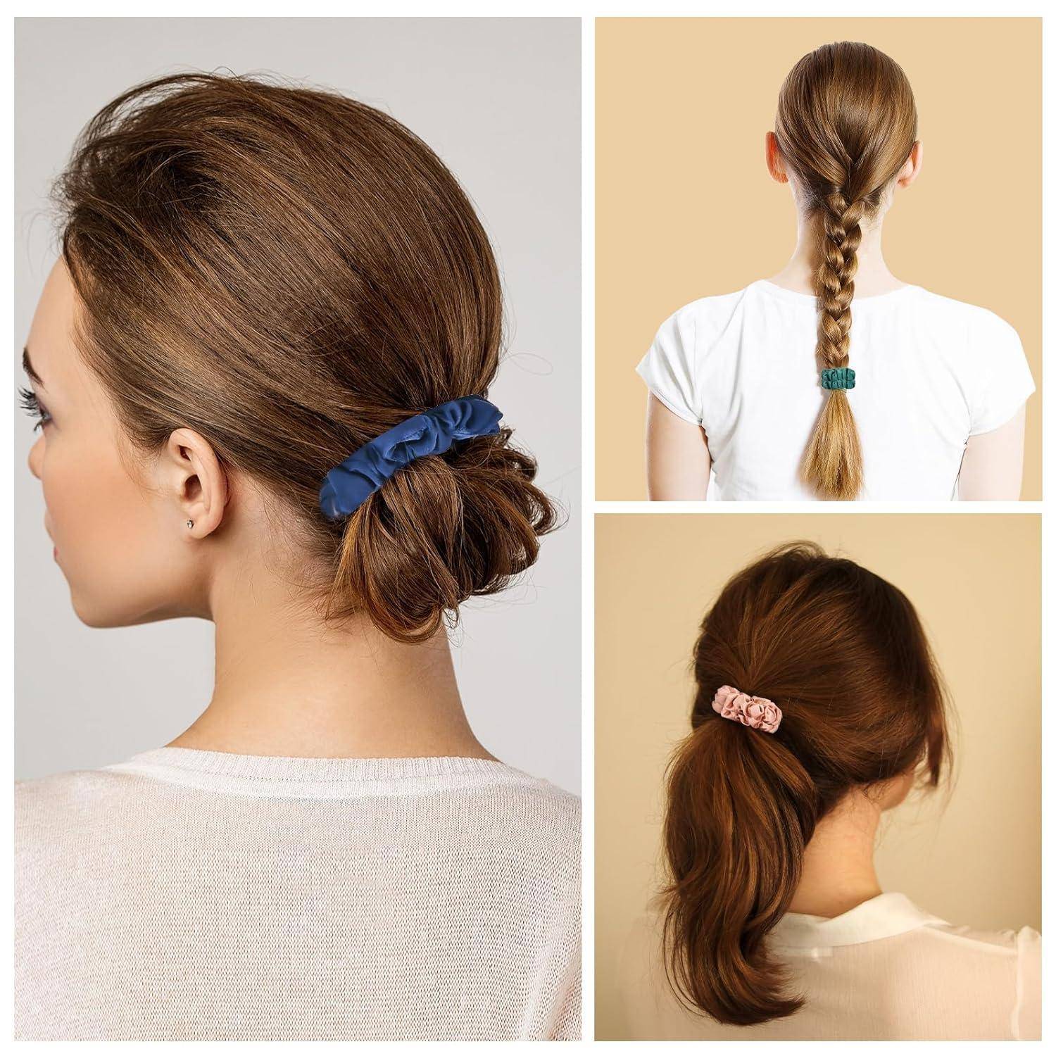Drei Frisuren mit Haaren, die mit Scrunchies gebunden sind: ein blauer in einem Dutt, ein grüner in einem Zopf und ein pinker in einem lockeren Pferdeschwanz.