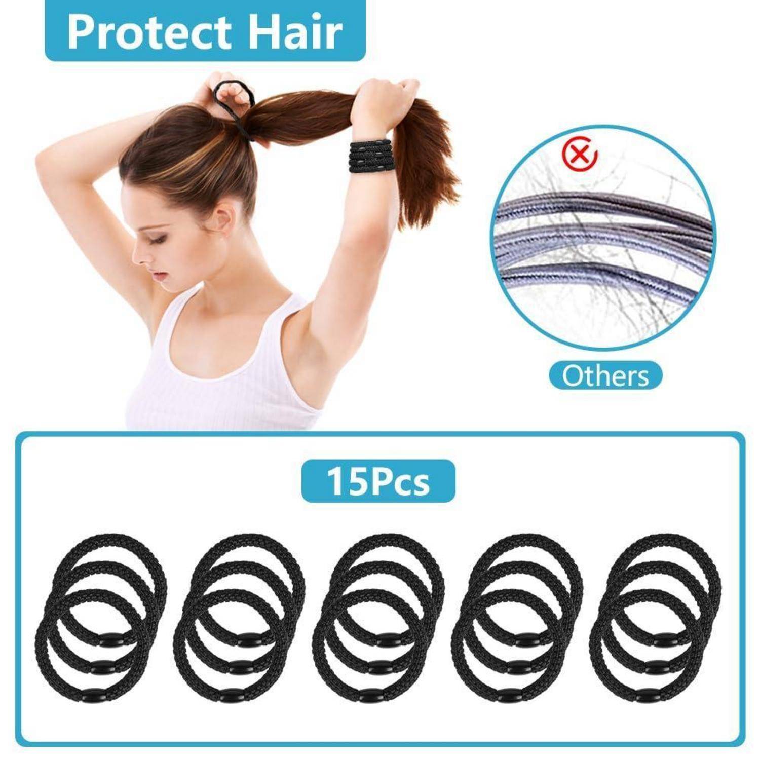 Eine Frau bindet sich die Haare mit einem schwarzen Haarband zurück. Text liest sich 