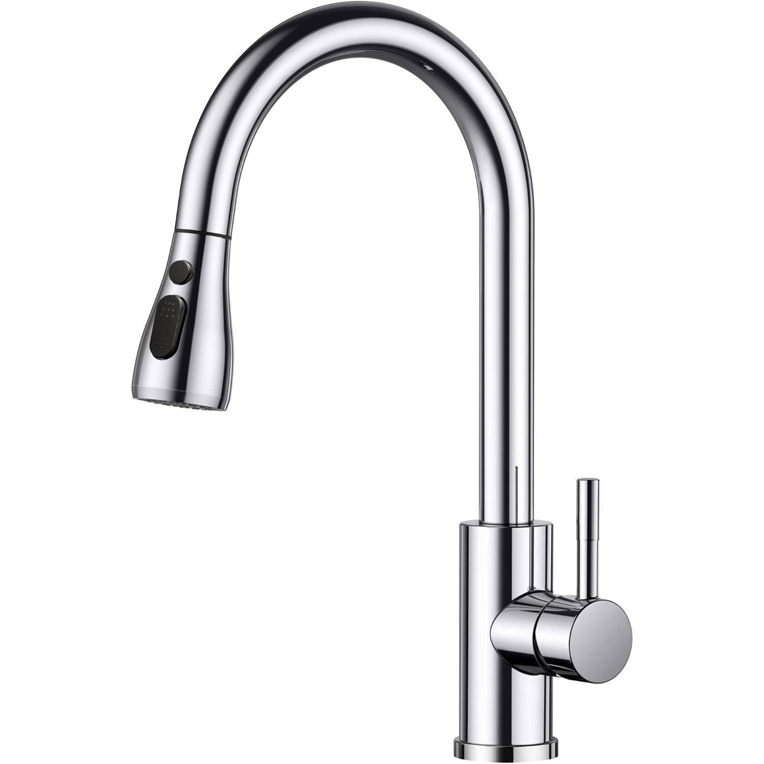 Ein schlanker, moderner Chrom-Küchenarmatur mit geschwungenem Auslauf und einem seitlichen Hebel. Die ausziehbare Brause verfügt über zwei Strahleinstellungen.