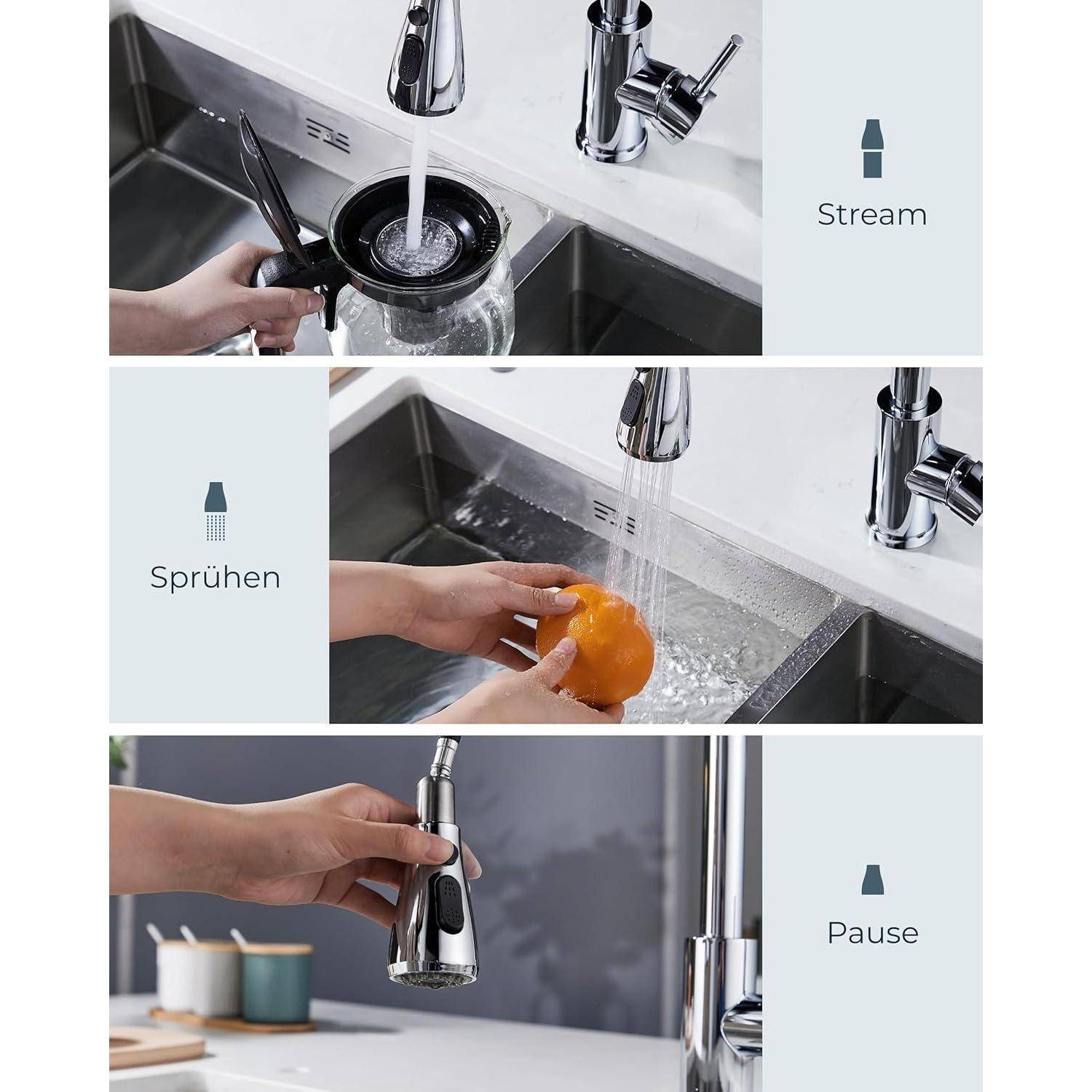 Drei Bilder demonstrieren die Funktionen eines Wasserhahns: oben mit normalem Strahl, der ein Glas auswäscht, in der Mitte wird Wasser auf eine Orange gesprüht, unten ist der Pausenknopf zu sehen.