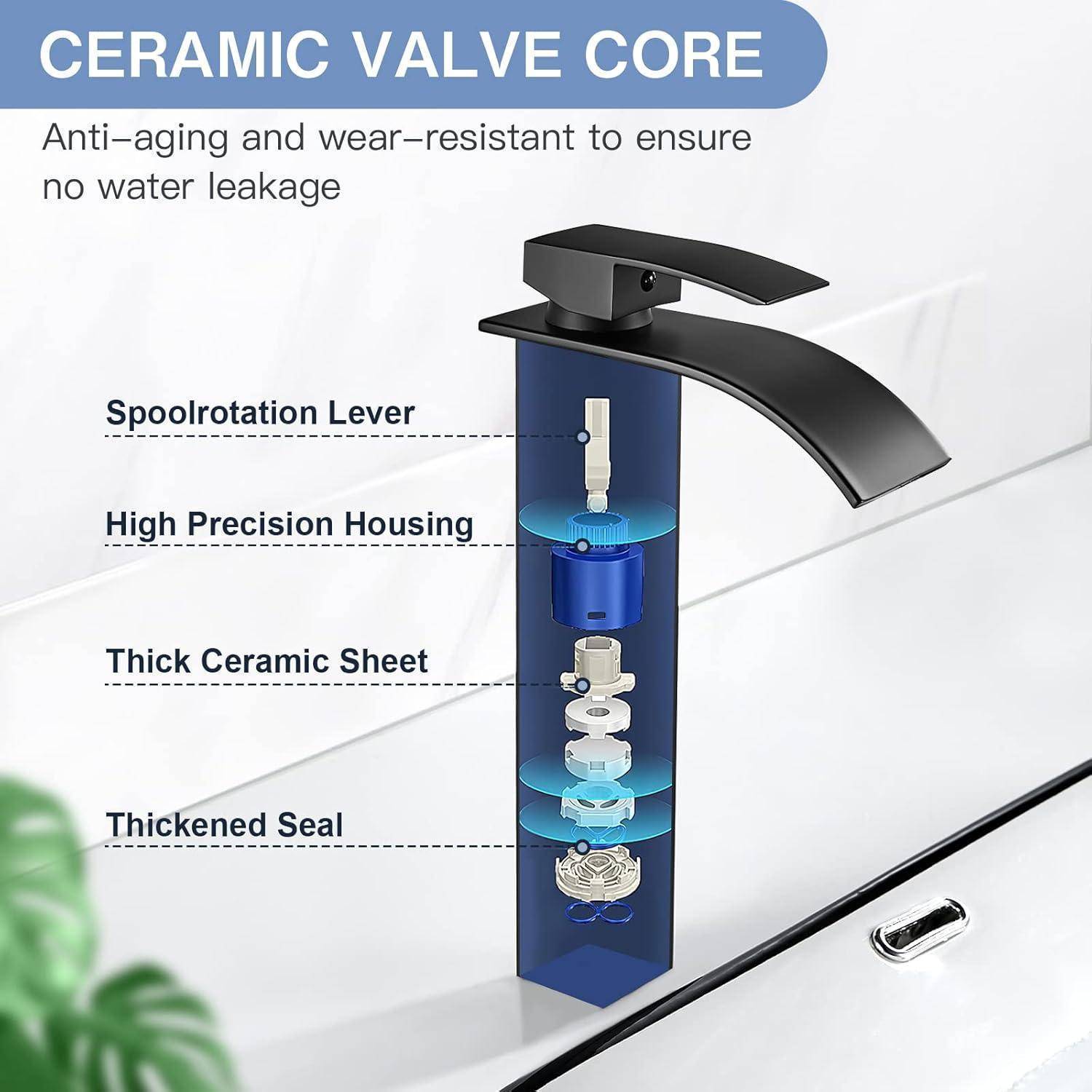 KERAMISCHES VENTILKERN' Abbildung mit einem Querschnitt eines Wasserhahns mit beschrifteten Teilen: Spulenrotationshebel, hochpräzises Gehäuse, dicke Keramikplatte und verstärkte Dichtung, mit Hervorhebung der Leckage-Schutzmerkmale.