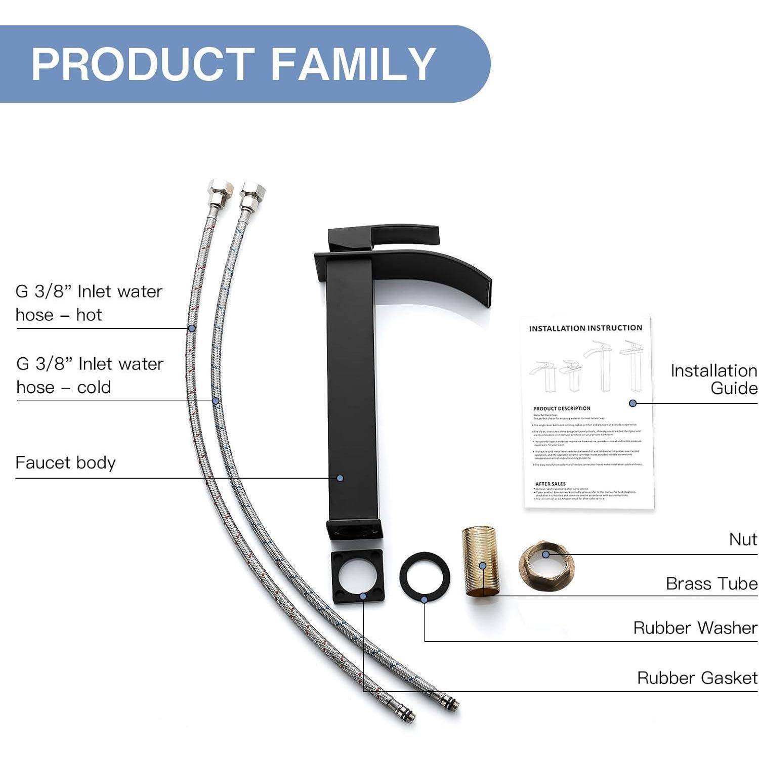 Produktfamilie' Wasserhahn-Set in mattschwarz mit Installationsanleitung, Mutter, Messingröhre, Gummidichtung, Gummidichtungsring und zwei Wasserzuleitungsschläuchen.