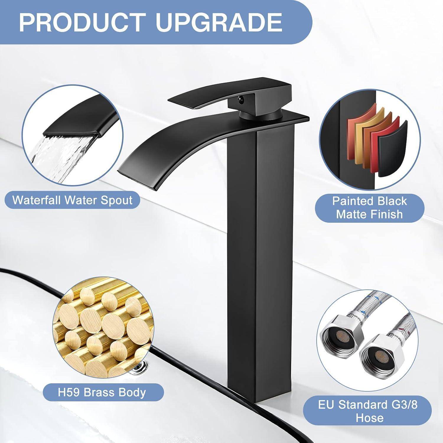 Schwarze matte Armatur mit Wasserfall-Auslauf, H59-Messingkörper und EU-G3/8-Schlauch. Zeigt Wasserfluss und Produktmerkmale. Betitelt als 'Produktverbesserung'.