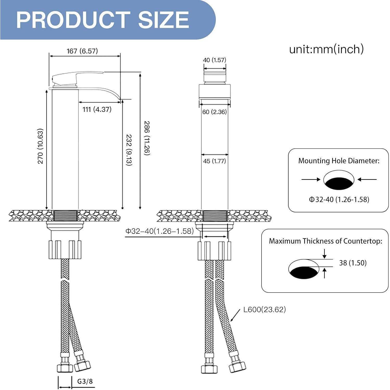 PRODUKTGRÖSSE' Diagramm mit Armaturen-Abmessungen: Höhe 270 mm (10,63 Zoll), Auslauflänge 111 mm (4,37 Zoll). Montagebohrungsdurchmesser: Ø32-Ø40 mm (1,26-1,58 Zoll).