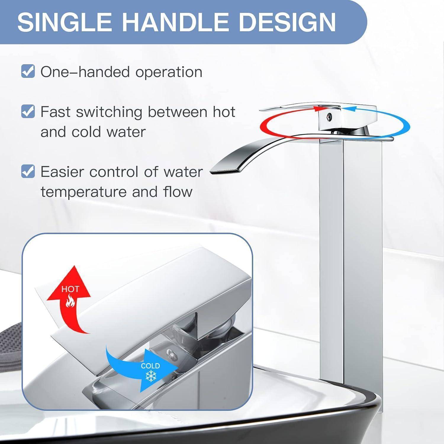 Design-Armatur mit einem Griff für einfache Steuerung von Warm- und Kaltwasser. Pfeilsymbole zeigen die Richtungen für Temperatureinstellung an.