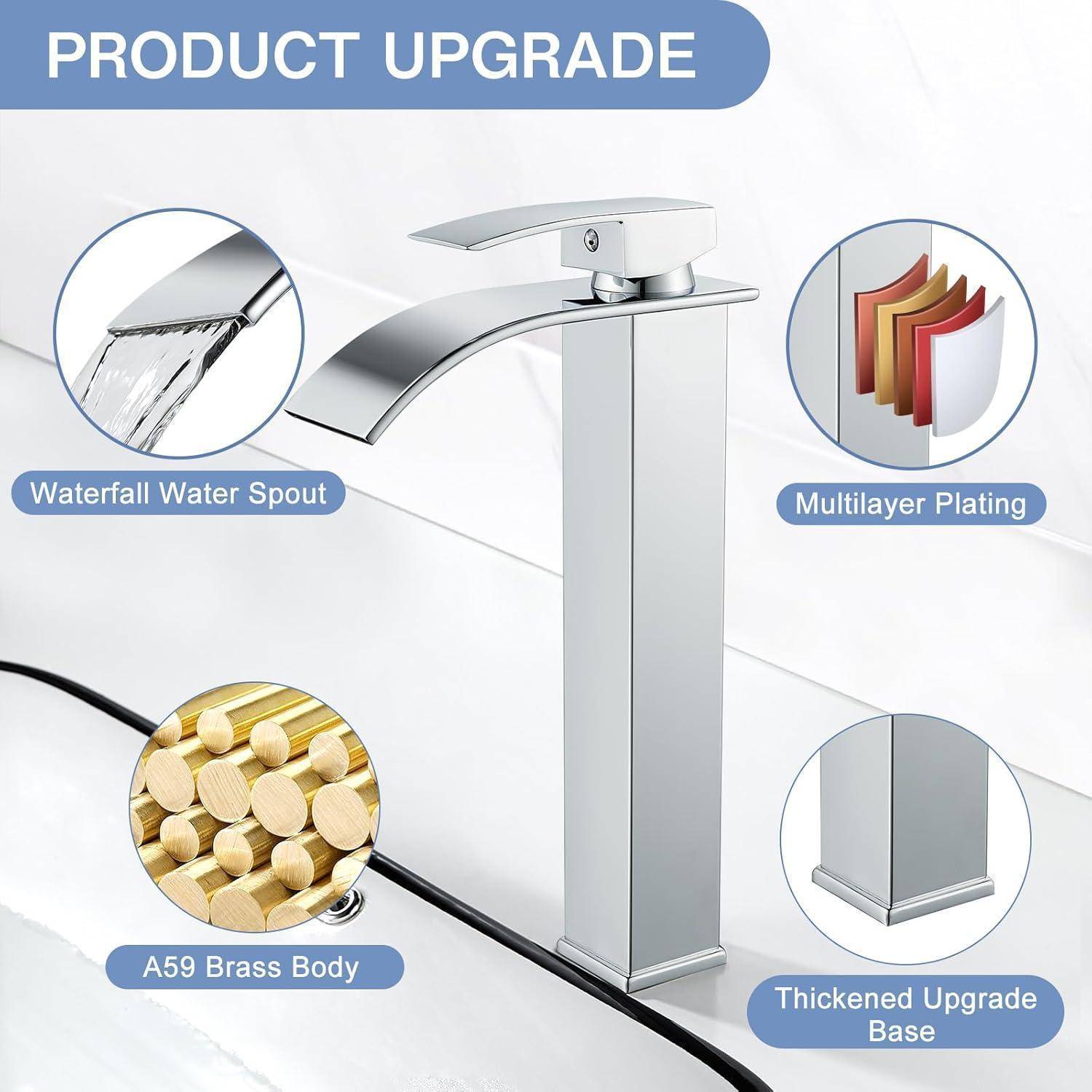 Produkt-Upgrade' Bild, das einen modernen Wasserhahn mit Wasserfall-Auslauf, mehrschichtiger Beschichtung, A59-Messingkörper und verstärkter Upgrade-Basis zeigt.