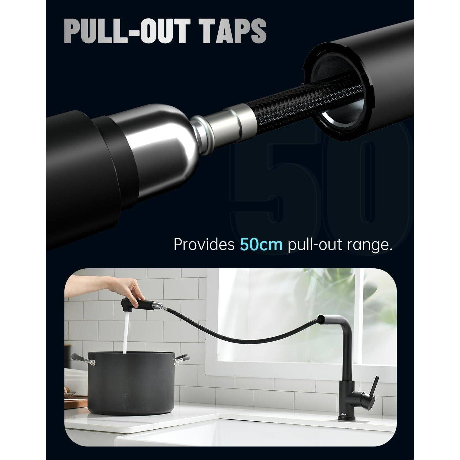 Herausziehbare Armatur mit einer Ausziehreichweite von 50 cm über einem Küchenbecken, die die Flexibilität zum Befüllen eines Topfes veranschaulicht.