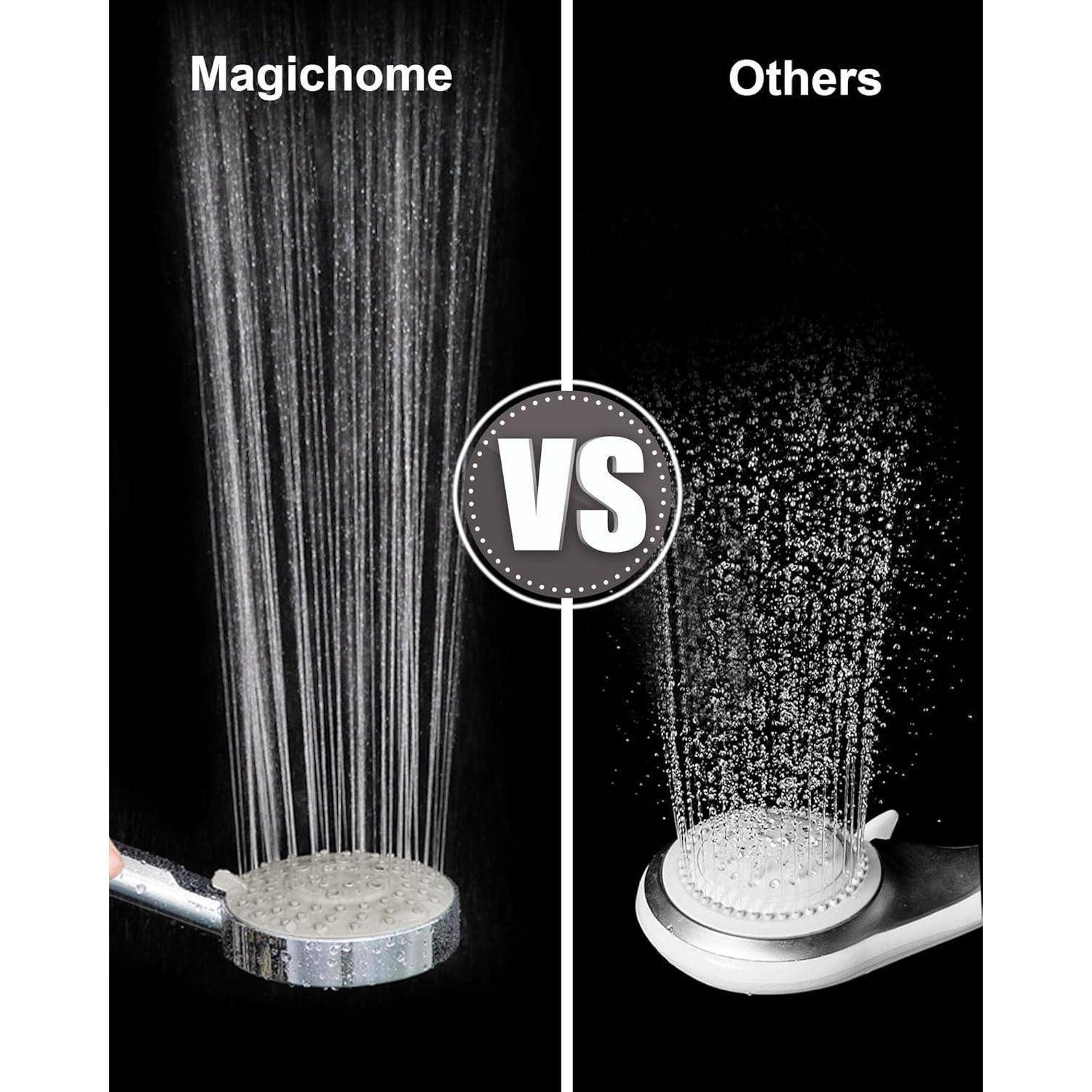 Magichome' Duschkopf links zeigt einen starken Wasserstrahl; 'Andere' rechts stellt einen schwächeren Sprühstrahl dar und verdeutlicht den Produktvergleich.