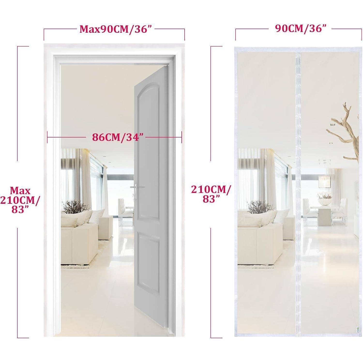 Türöffnungsvergleich mit einer offenen Tür links, die 86 cm breit und 210 cm hoch ist, und einer transparenten Trennwand rechts, die 90 cm breit und 210 cm hoch ist.