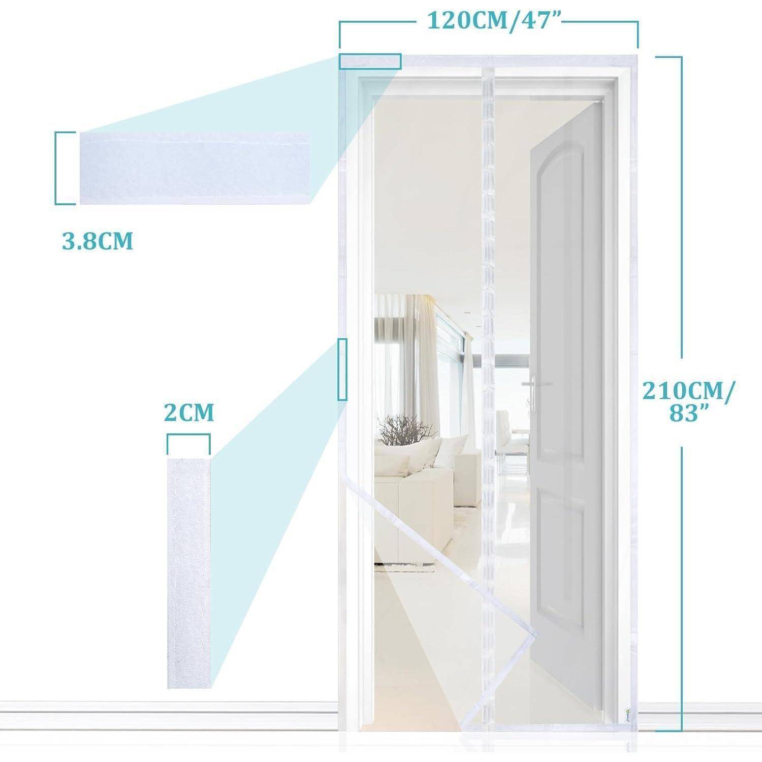 Türöffnung mit einer Breite von 120 cm und einer Höhe von 210 cm. Hervorgehobener Magnetstreifen mit einer Breite von 3,8 cm und einer Dicke von 2 cm, der den Wohnbereich dahinter zeigt.