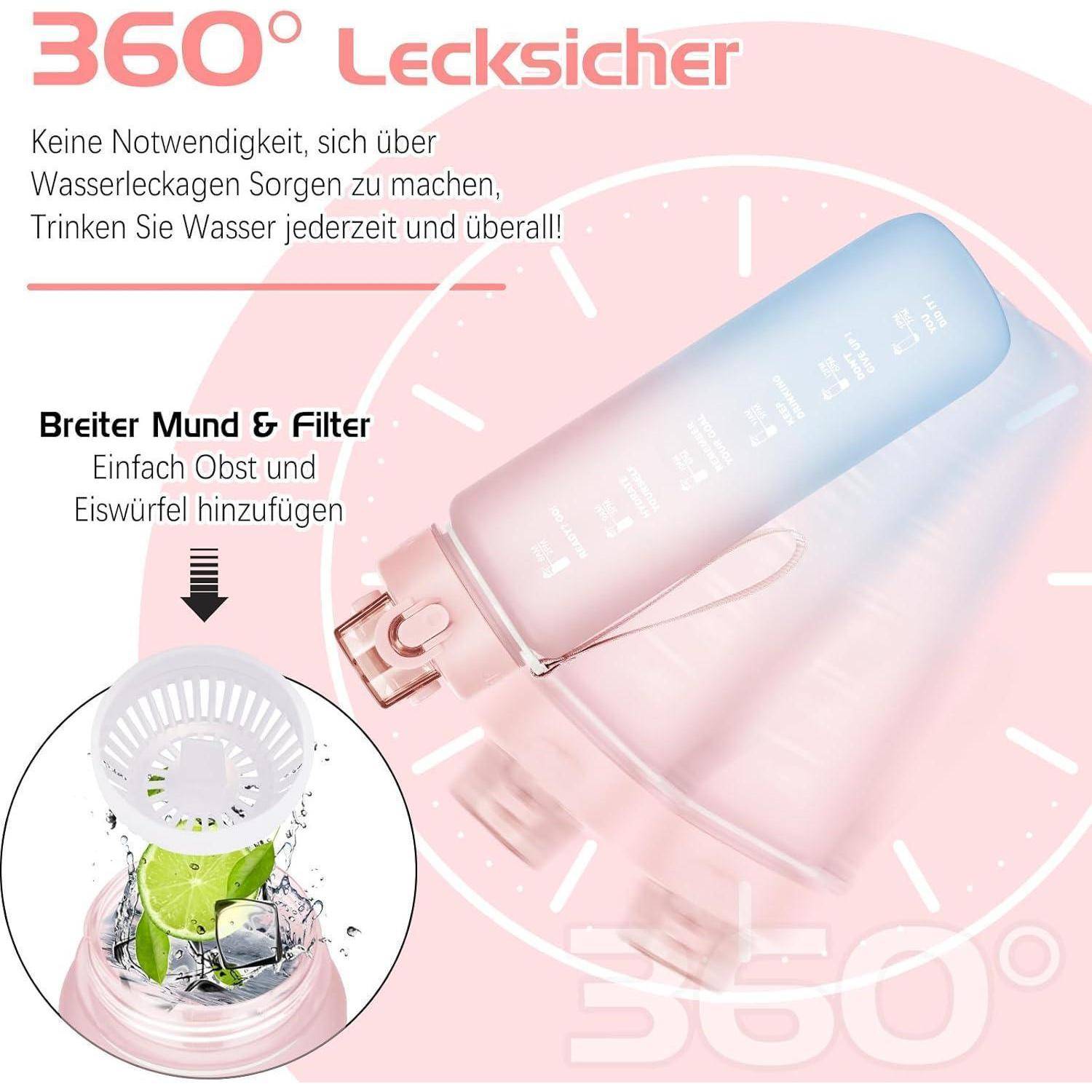 Trinkflasche 1l BPA-frei Sport Auslaufsicher mit Zeitmarkierung