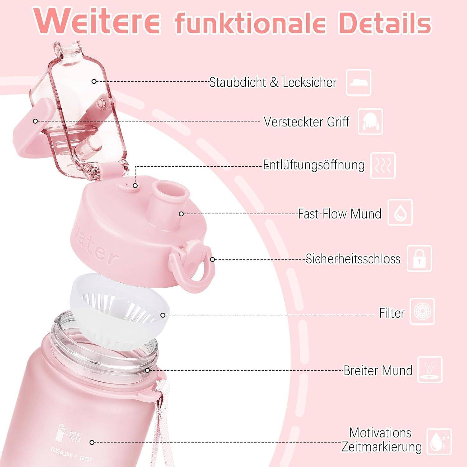 Trinkflasche 1l BPA-Frei Auslaufsicher Zeitmarkierung Sport Yoga