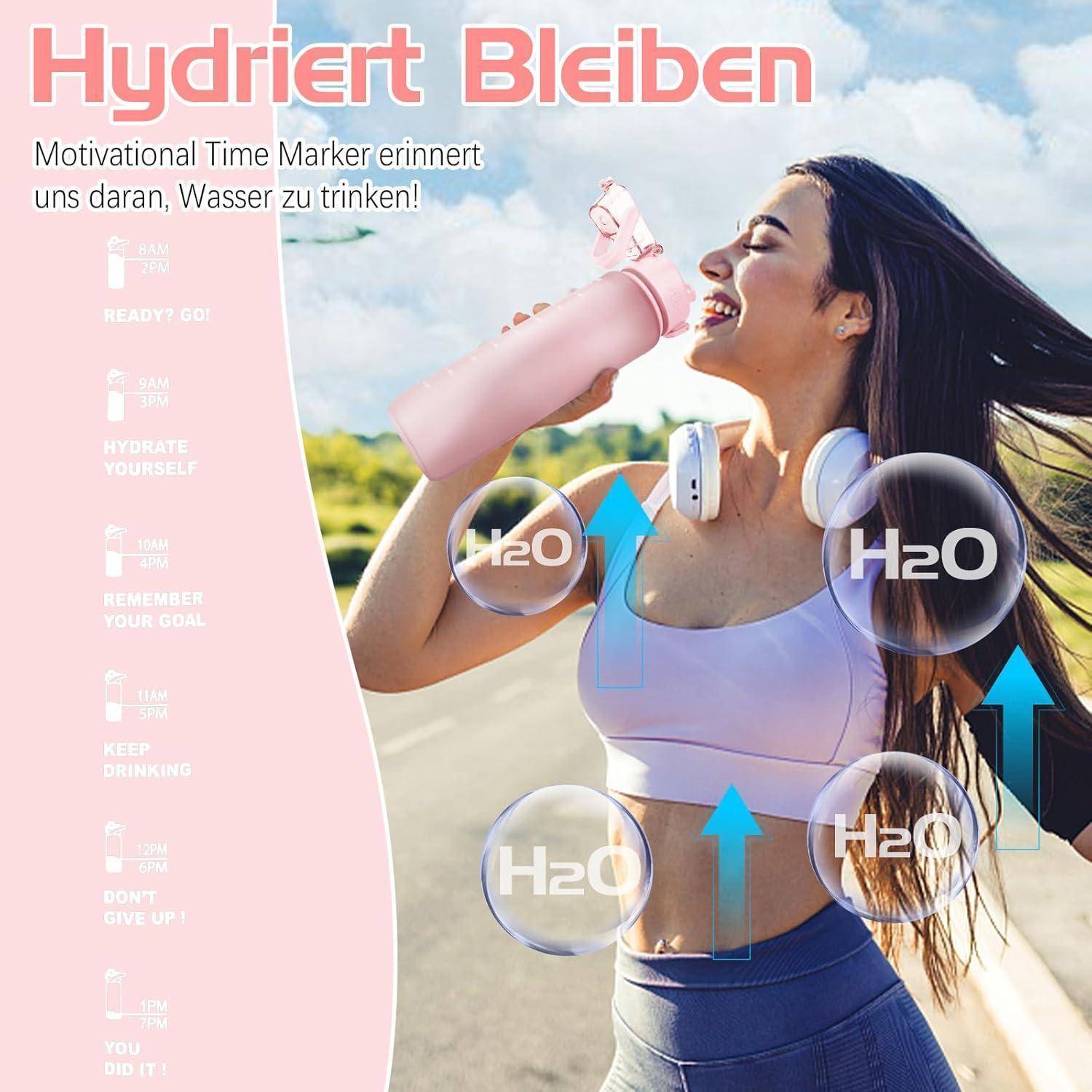 Trinkflasche 1l BPA-Frei Auslaufsicher Zeitmarkierung Sport Yoga