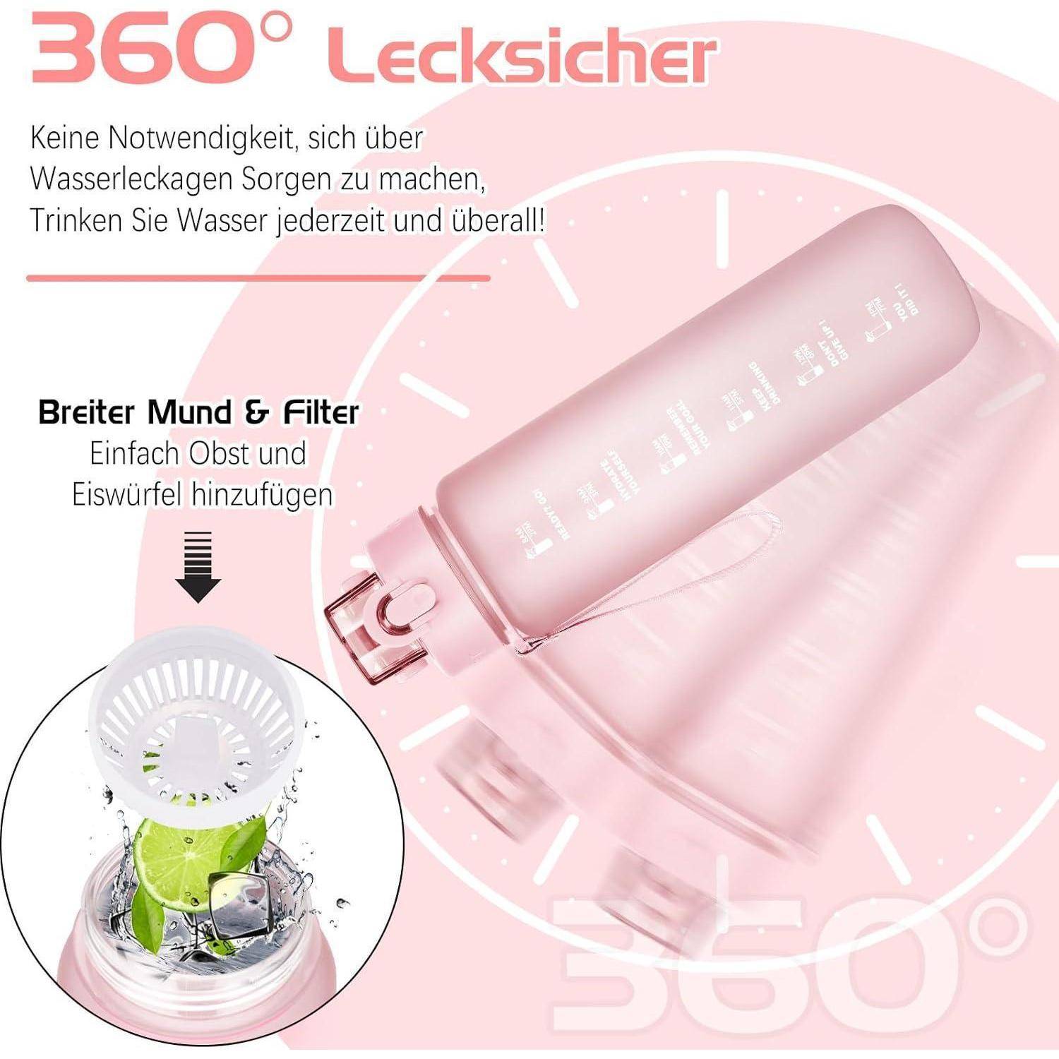 Trinkflasche 1l BPA-Frei Auslaufsicher Zeitmarkierung Sport Yoga