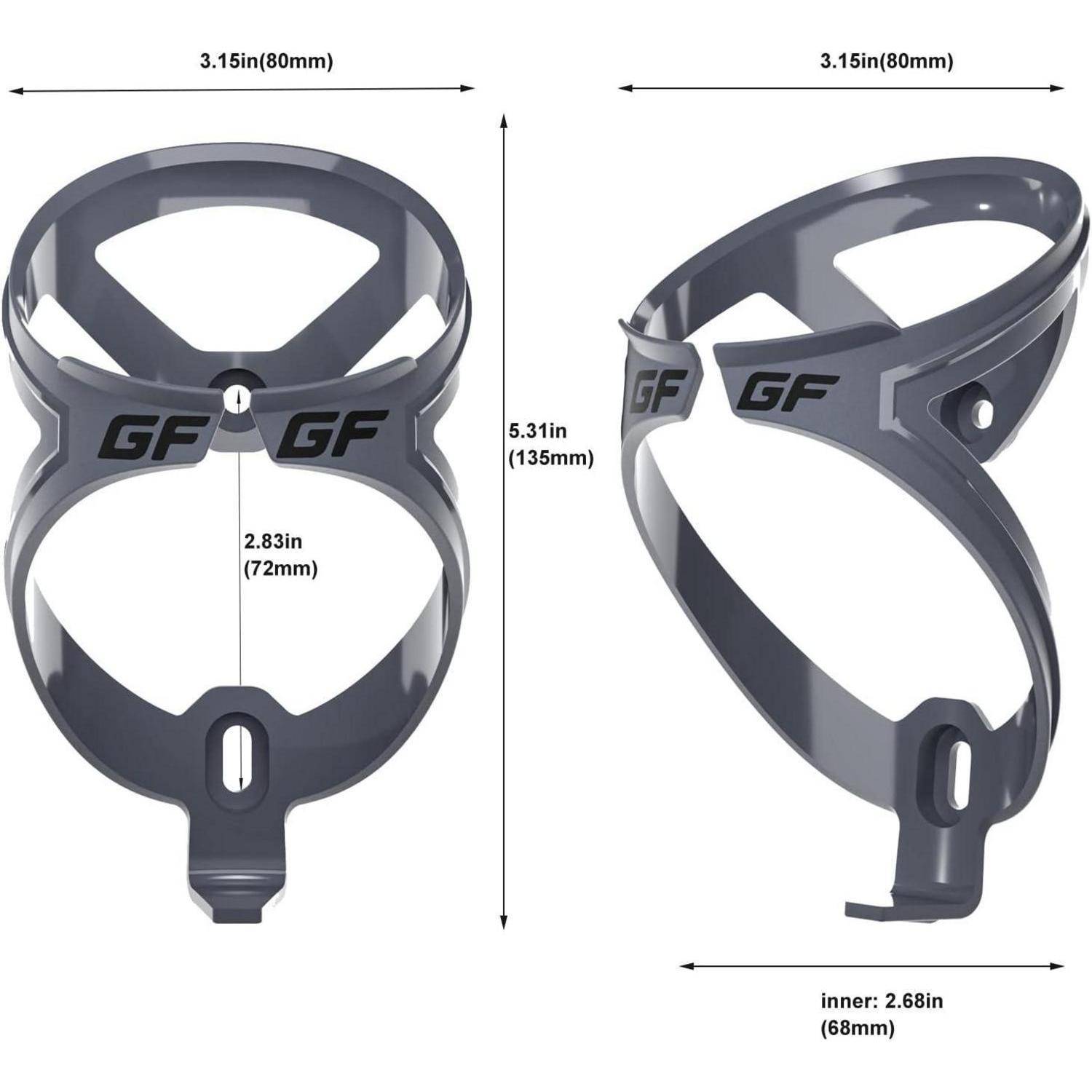 Fahrradflaschenhalter mit detaillierten Abmessungen in Zoll und Millimetern, mit der Bezeichnung „GF