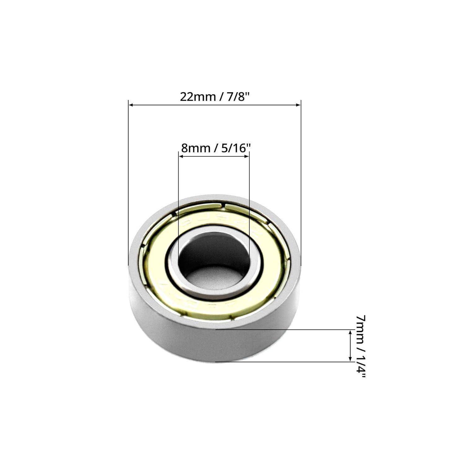 Eine Metallkugellager mit beschrifteten Abmessungen: Durchmesser 22 mm (7/8