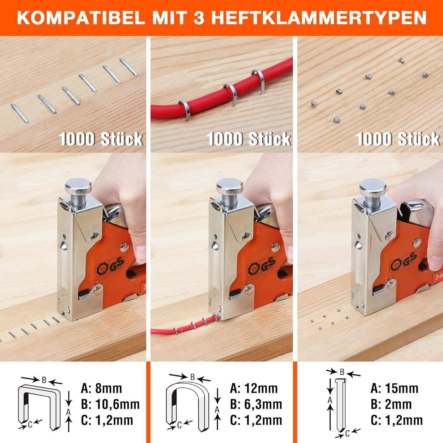 KOMPATIBEL MIT 3 HEFTKLAMMERTYPEN' Überschrift; zeigt eine Heftzange mit drei Heftklammertypen: A, B, C. Unter den Bildern ist die Größe jedes Typs aufgeführt.