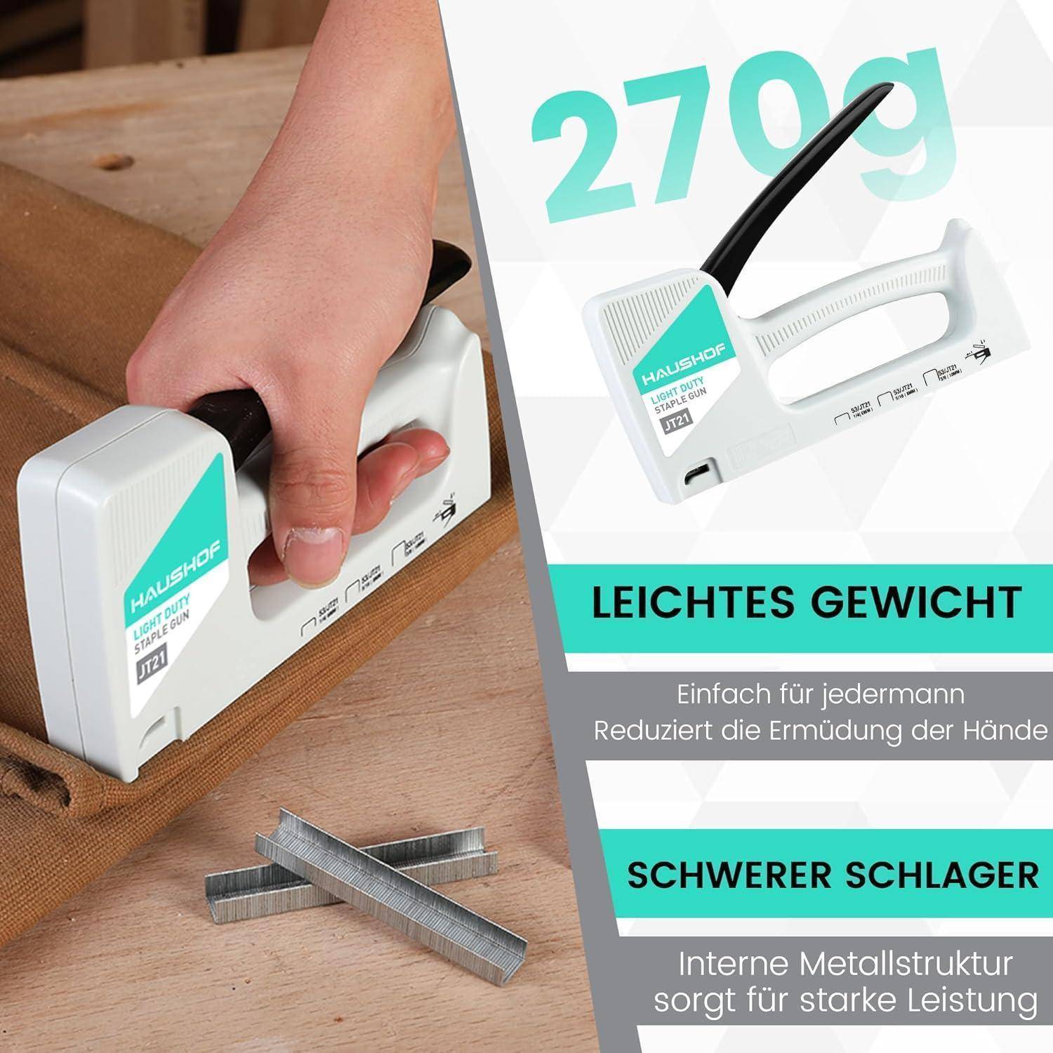 Eine Person verwendet einen weißen Hefter mit der Beschriftung ‚HALUSHOX' und dem Text ‚270g'. Der deutsche Text hebt ‚leicht' und ‚starke Leistung' hervor.