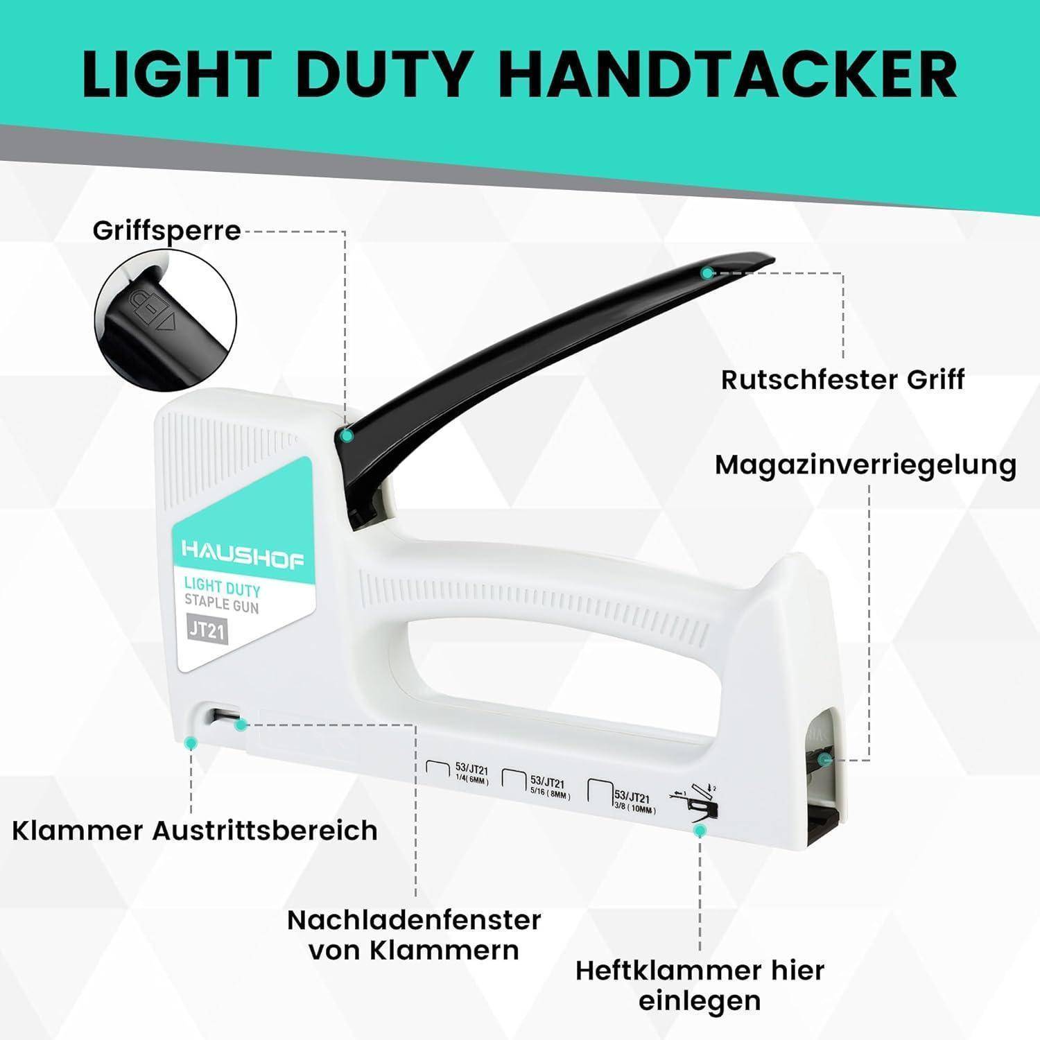 Handtacker für leichte Arbeiten' Bezeichnung der Teile: Griffverriegelung, rutschfester Griff, Magazinverriegelung, Heftklammerausgabebereich, Nachladefenster, Heftklammerablage.